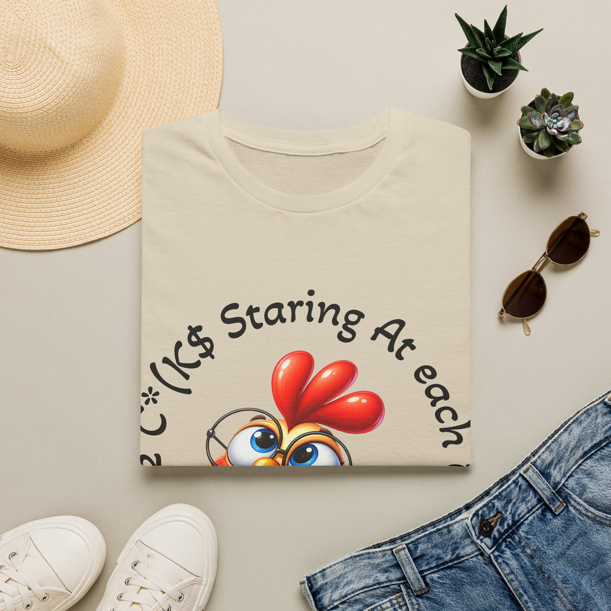 Chicken Cartoon Adult T-Shirt — "Staring At Each Other" Cute Funny Graphic Tee