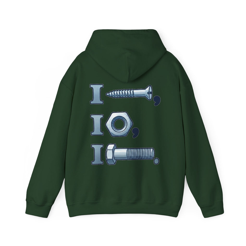 Screw, Nut, Bolt Adult Hoodie — Mechanical Pun Graphic Hooded Sweatshirt