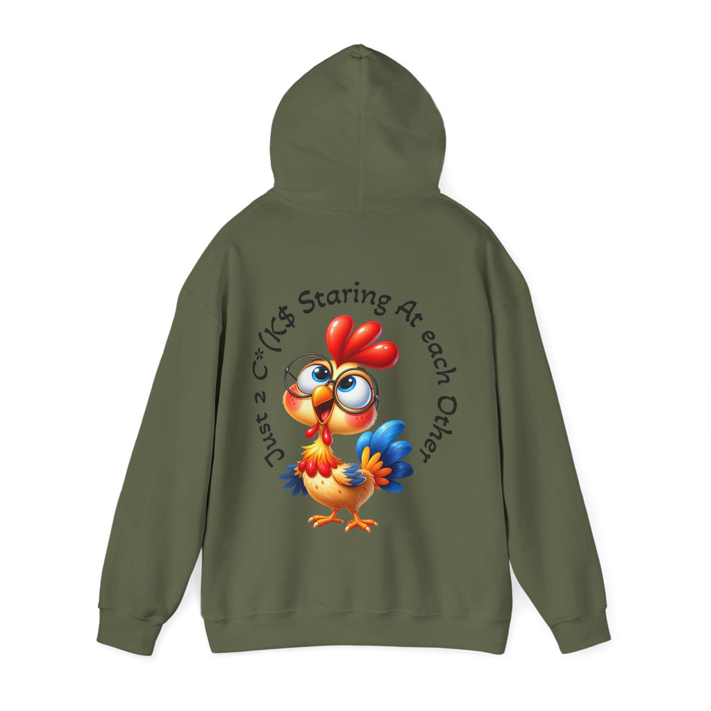 Adult Hoodie — Cute Cartoon Chicken “Just 2 C*#ks Staring At Each Other” Funny Graphic Hoodie