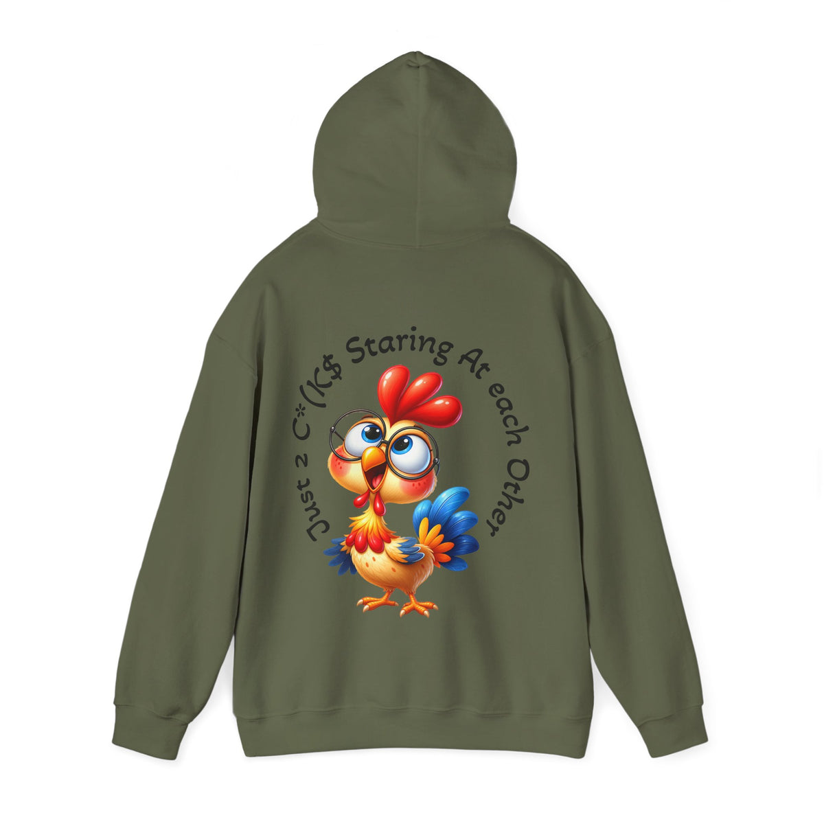 Adult Hoodie — Cute Cartoon Chicken “Just 2 C*#ks Staring At Each Other” Funny Graphic Hoodie
