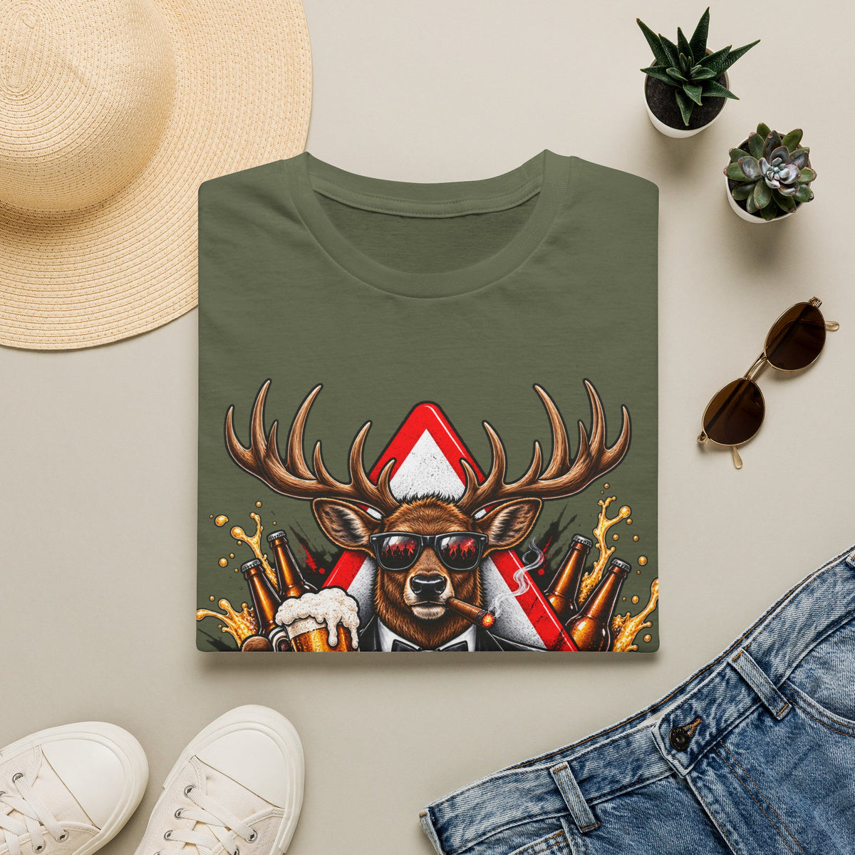 Stag Party Adult T-Shirt — Funny Beer-Drinking Deer Graphic Tee for Bachelor Parties