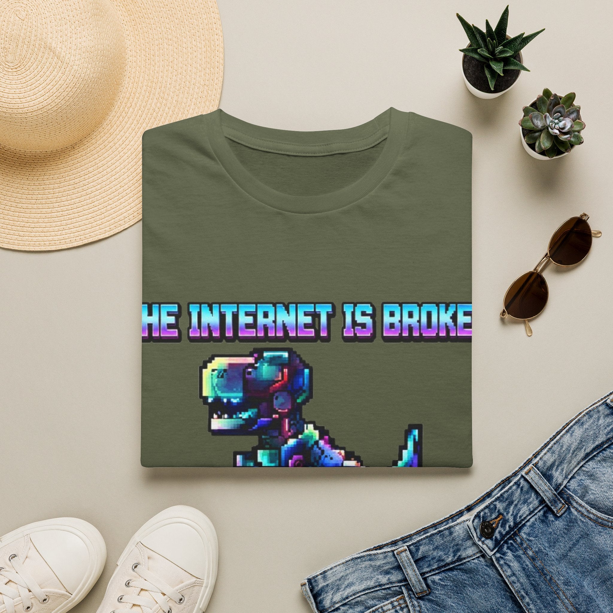 Internet Is Broke Adult  T-Shirt — Retro Pixel Dino "So Am I" Graphic Tee