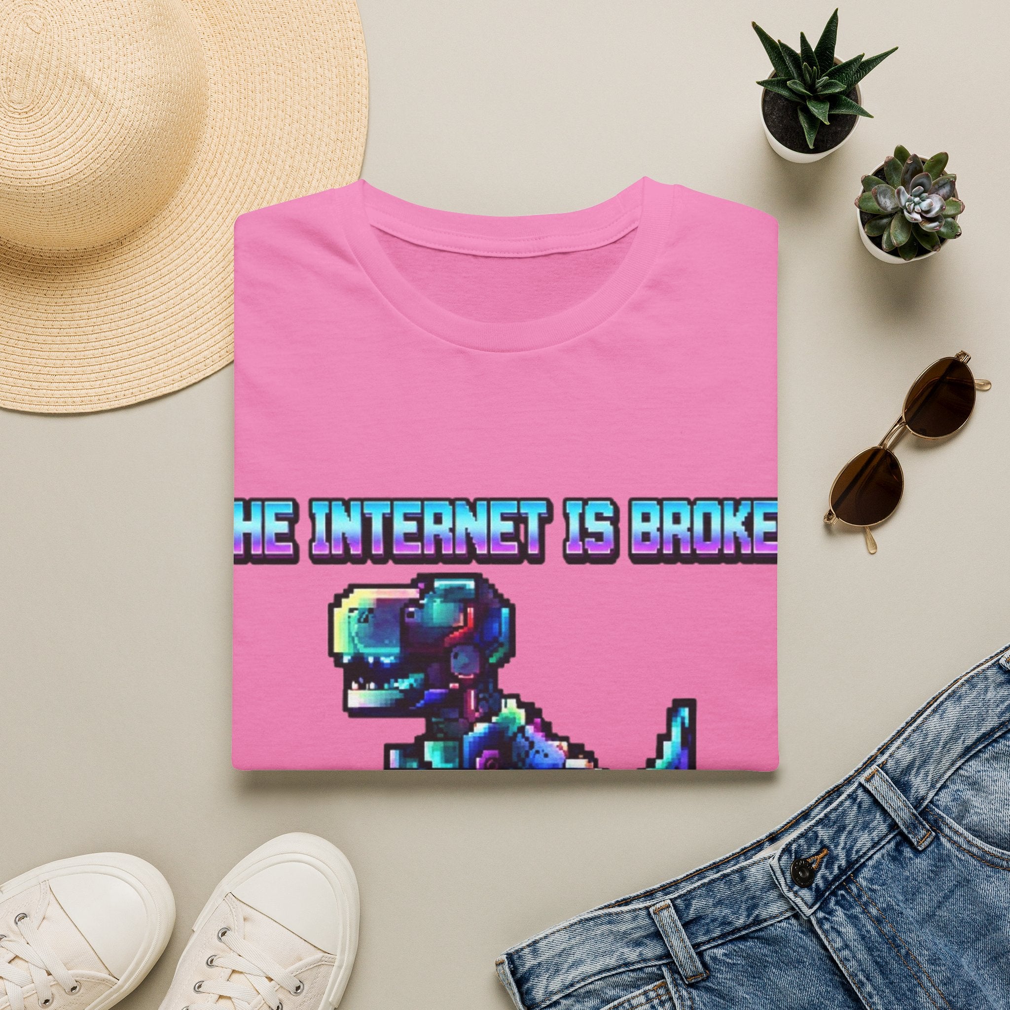 Internet Is Broke Adult  T-Shirt — Retro Pixel Dino "So Am I" Graphic Tee