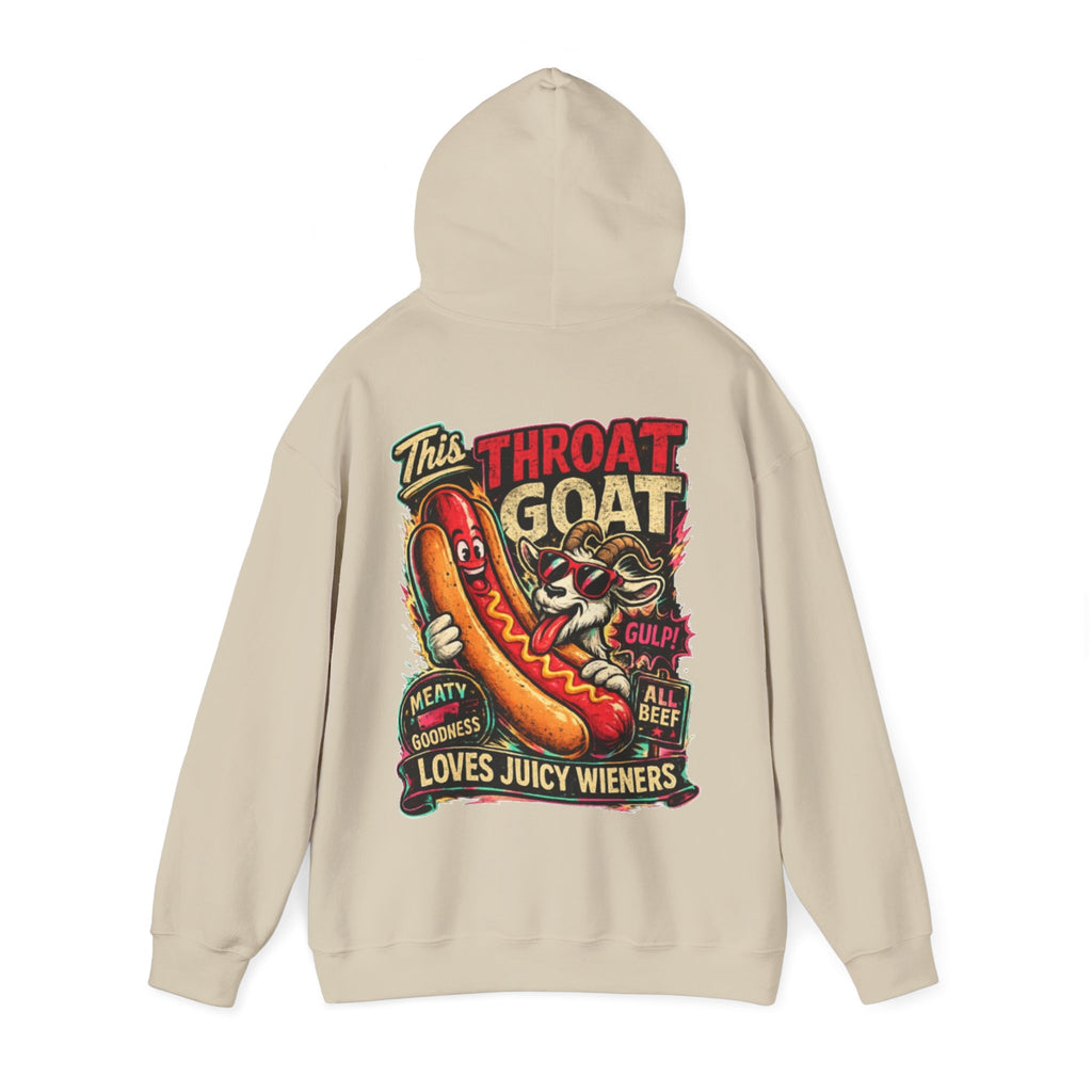 Hot Dog Goat Adult Hoodie - "This Throat Goat Loves Juicy Wieners" Graphic Hooded Sweatshirt
