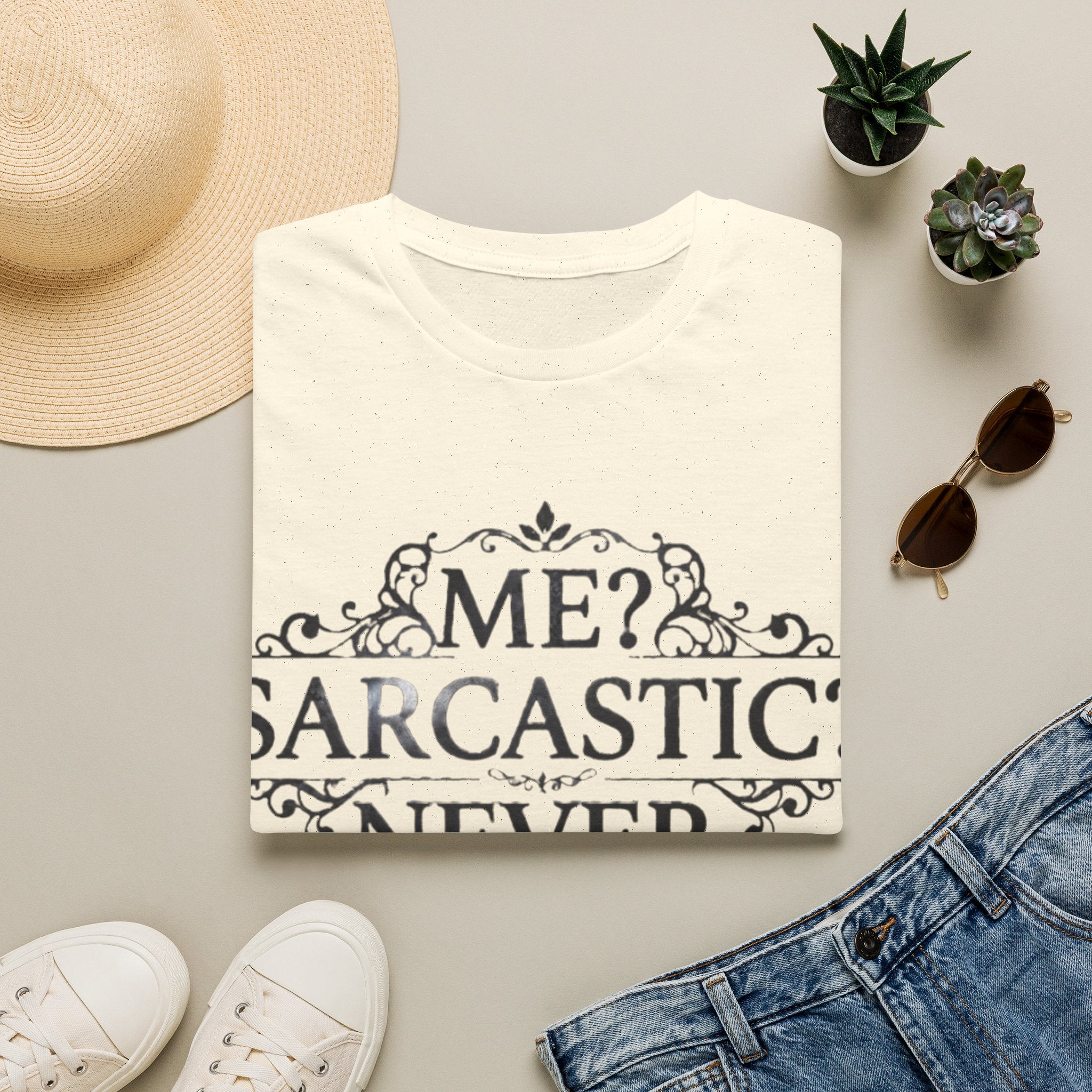 Sarcastic Adult Tee — "Me? Sarcastic? Never." Vintage Ornate Graphic T-Shirt