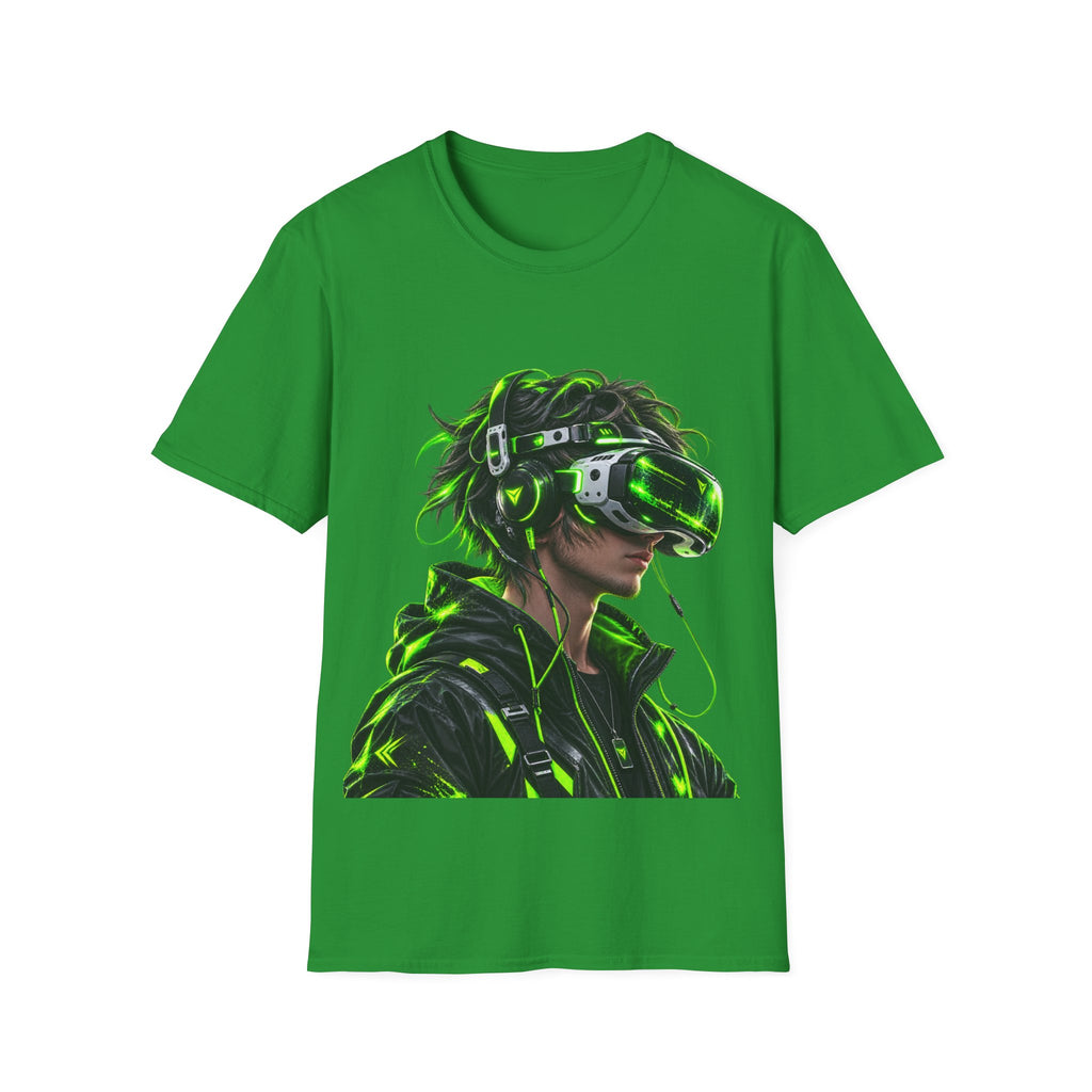 Cyberpunk VR Gamer Adult T-Shirt — Neon Green Virtual Reality Jacket Design