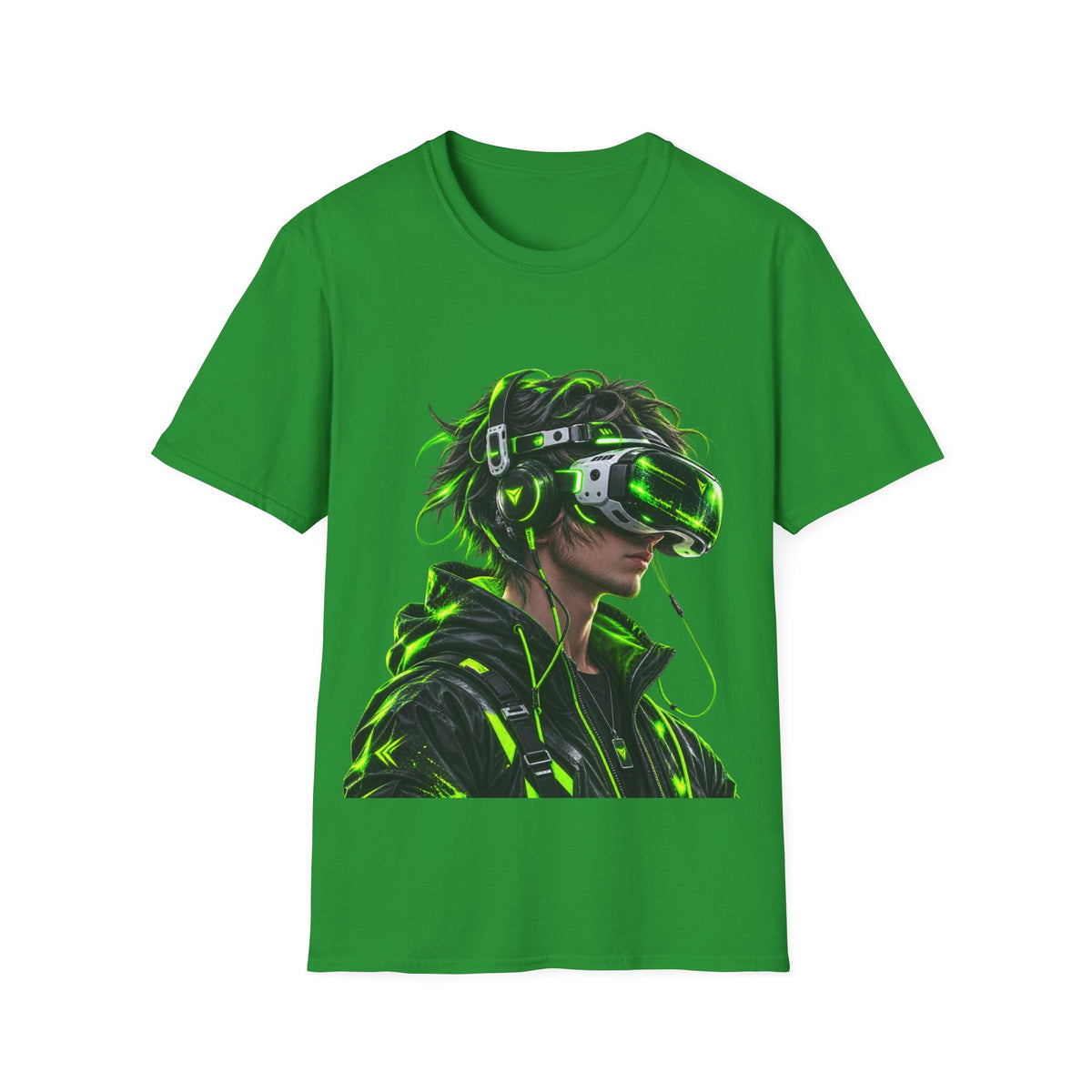 Cyberpunk VR Gamer Adult T-Shirt — Neon Green Virtual Reality Jacket Design