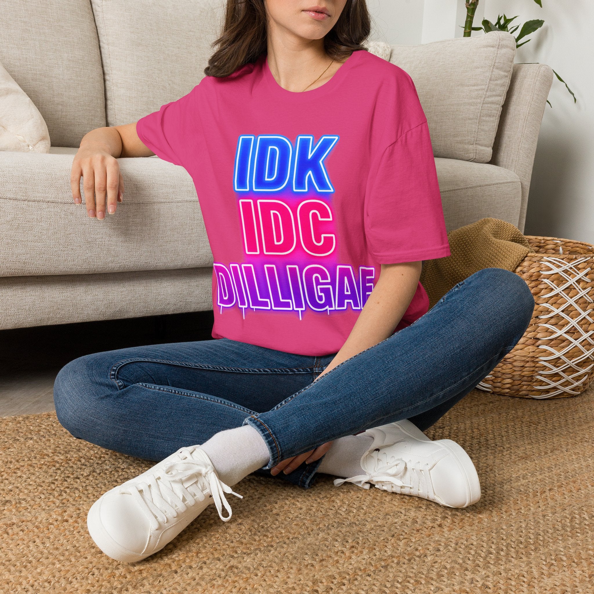 IDK IDC Dilligaf Graphic Adult T-Shirt – Neon Retro Statement Tee