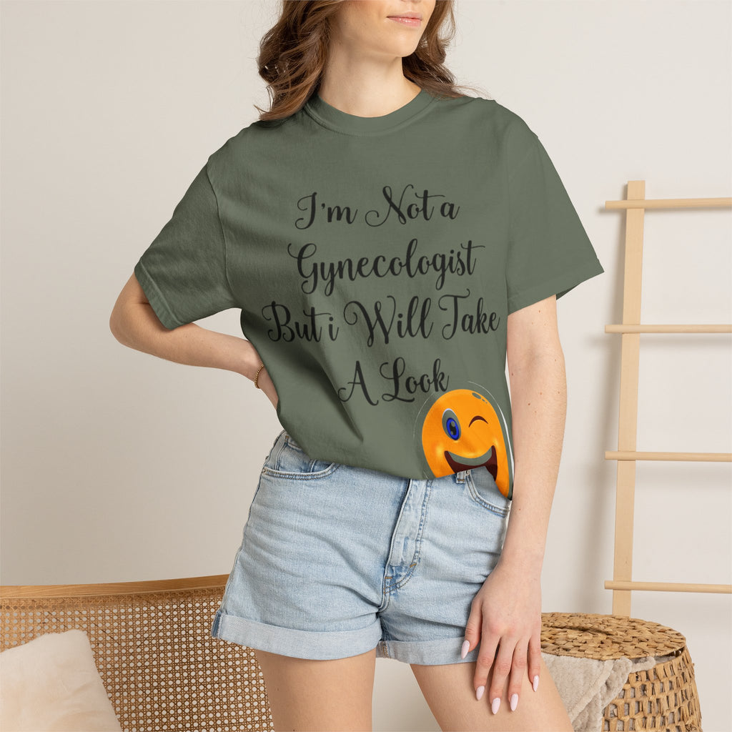 Funny Gynecologist Joke Adult T-Shirt — "I'm Not a Gynecologist But I Will Take a Look" Emoji Tee