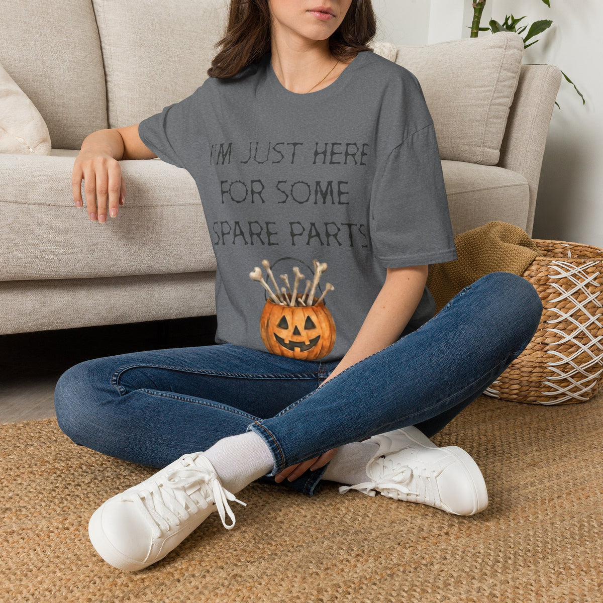 Halloween Pumpkin Jack-o'-Lantern Adult T-Shirt — "I'm Just Here For Some Spare Parts"