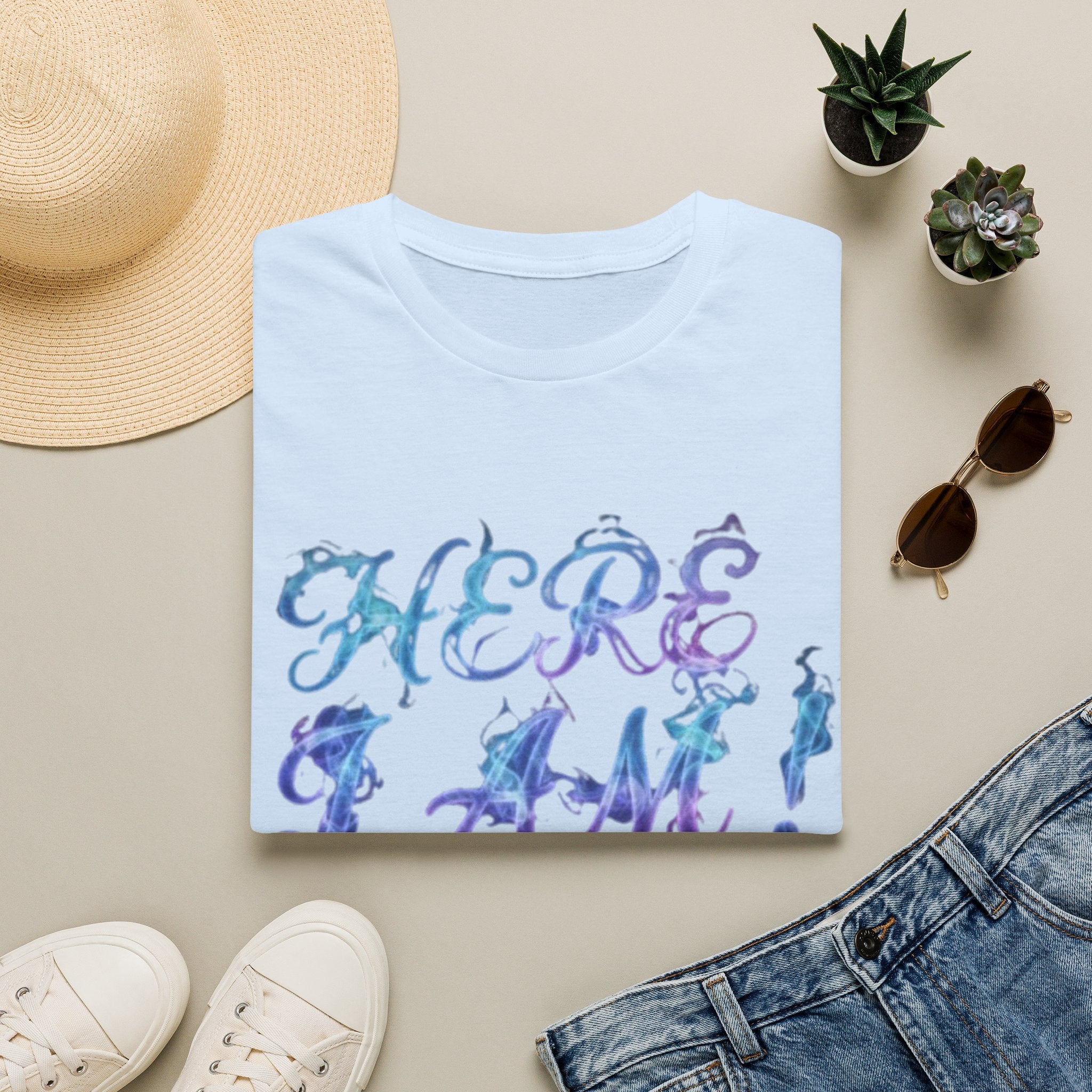 Adult T-Shirt — "Here I Am! What Are Your Other 2 Wishes?" Floral Script Graphic Tee