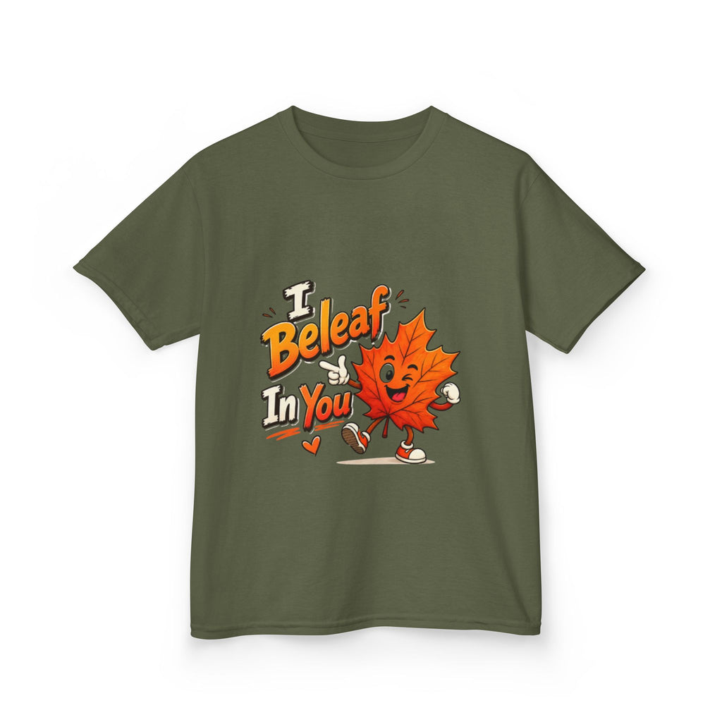 Kids Tee — "I Beleaf In You" Cute Autumn Leaf Motivational Shirt