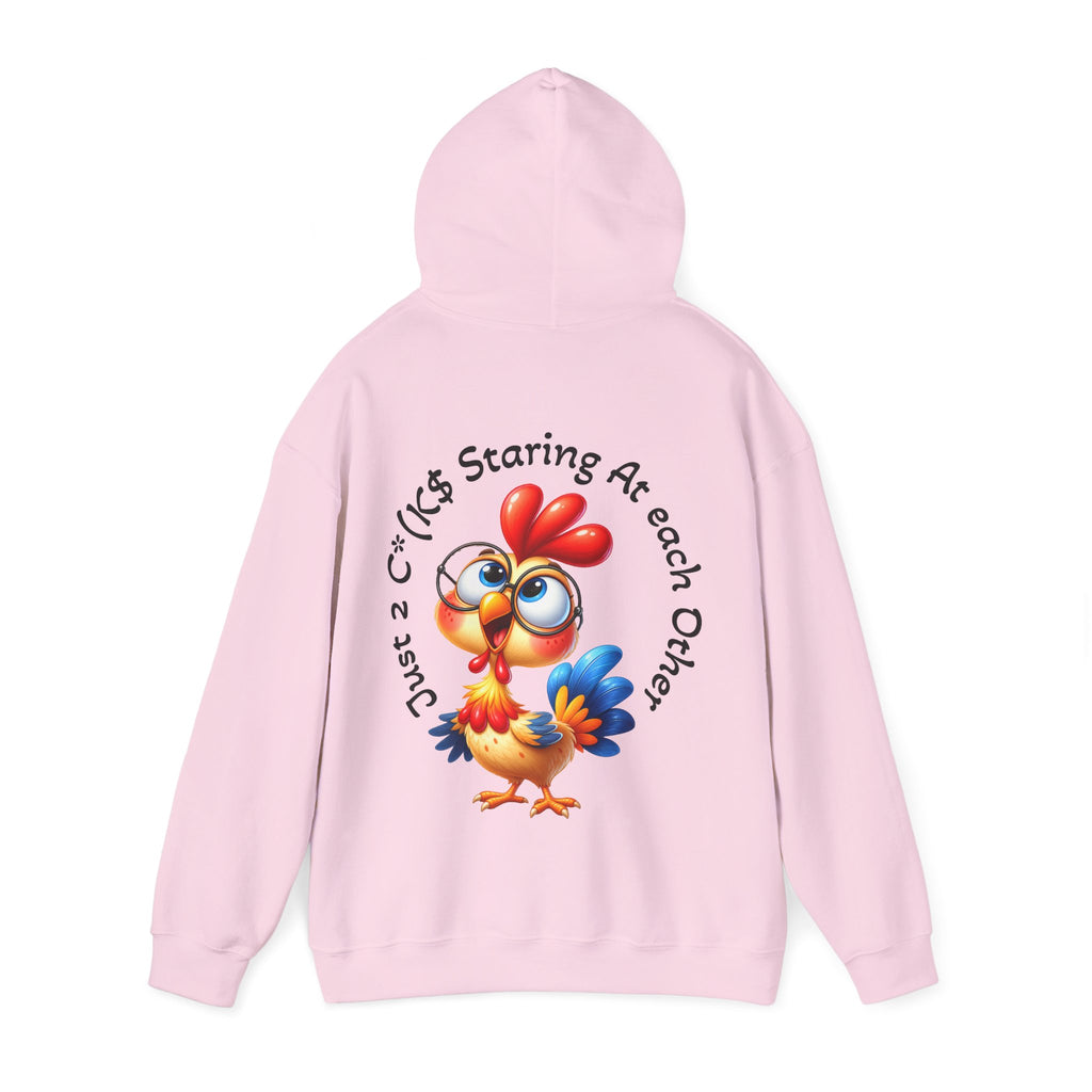 Adult Hoodie — Cute Cartoon Chicken “Just 2 C*#ks Staring At Each Other” Funny Graphic Hoodie