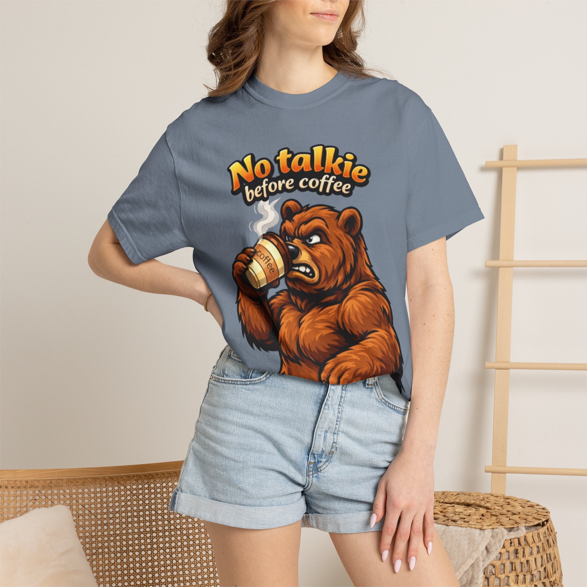 Adult T-Shirt — "No Talkie Before Coffee" Bear Graphic