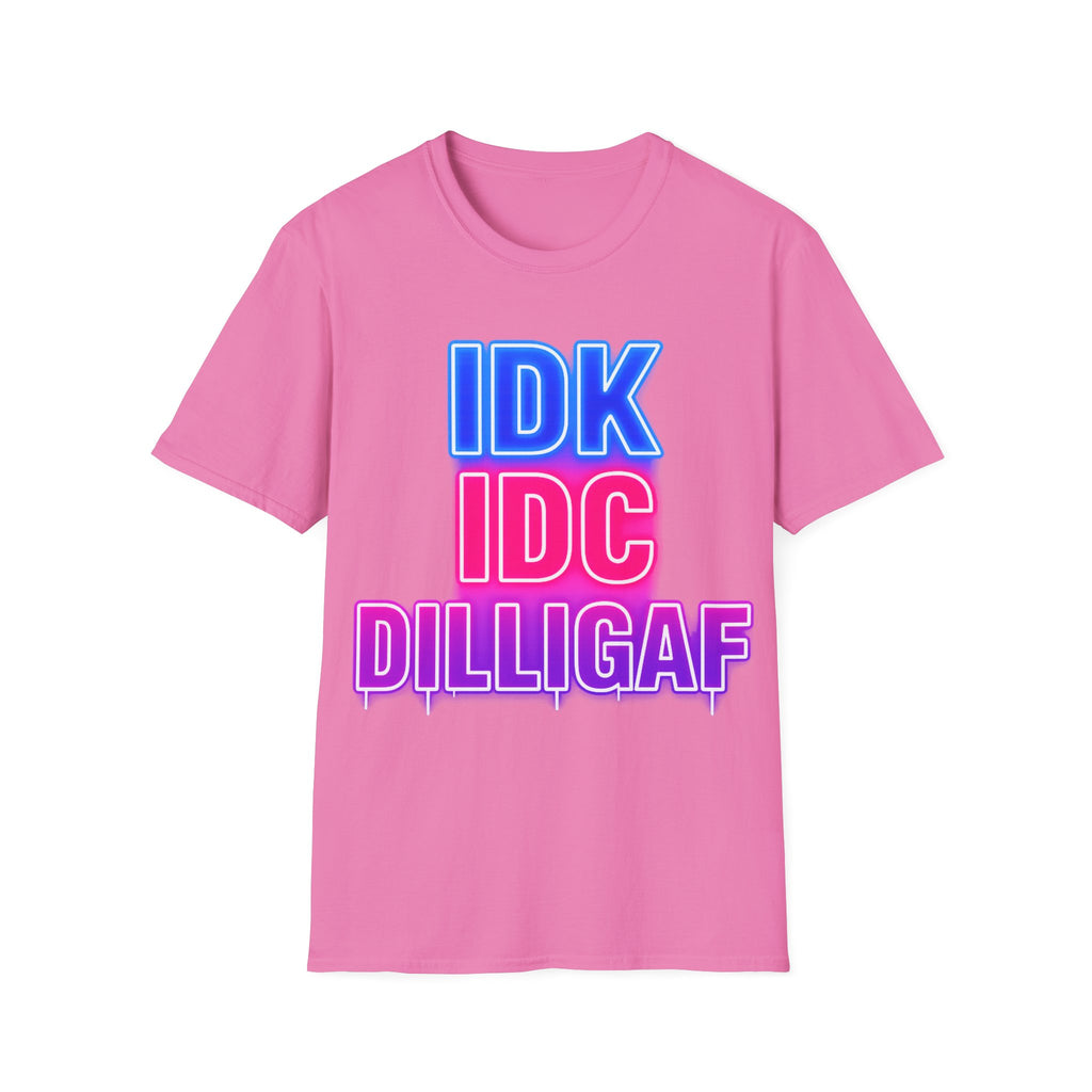 IDK IDC Dilligaf Graphic Adult T-Shirt – Neon Retro Statement Tee