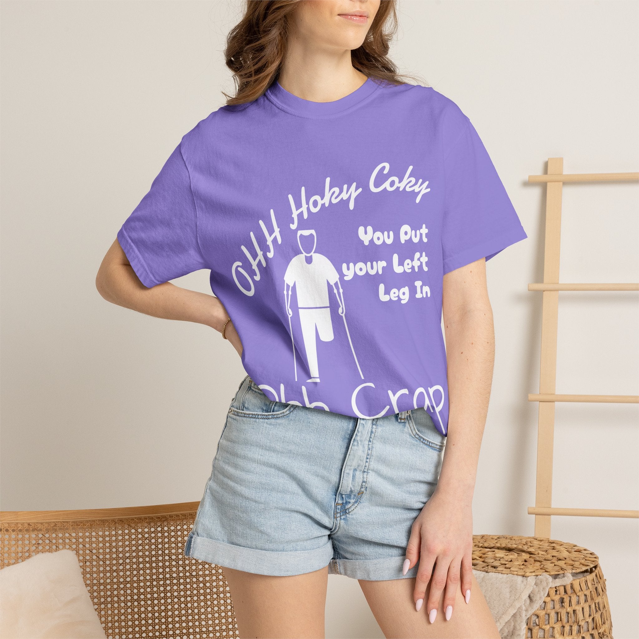 Ohh Hokey Cokey Prosthetic Leg Adult T-Shirt — "You Put Your Left Leg In, Ohh Crap" Funny Disability Humor Tee