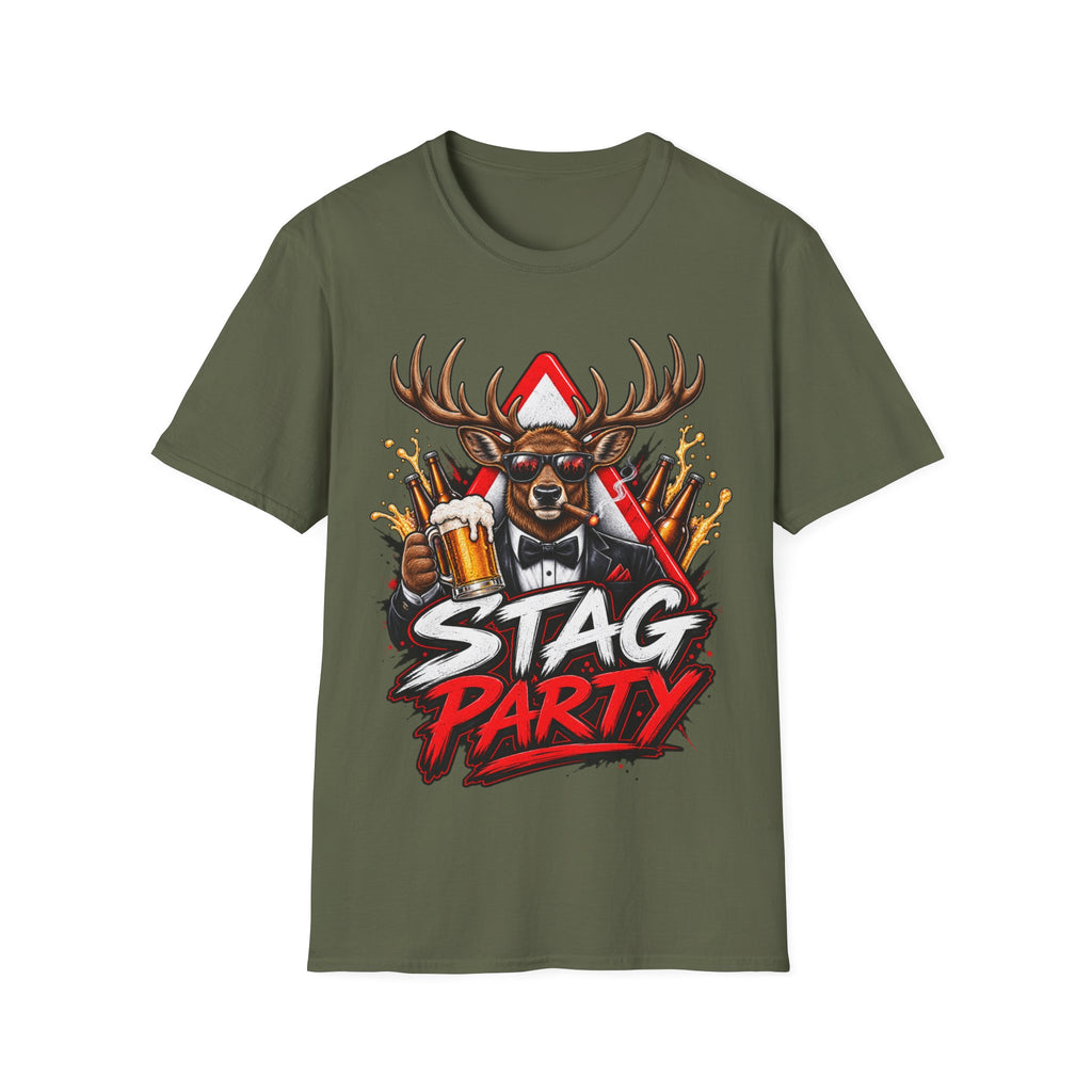 Stag Party Adult T-Shirt — Funny Beer-Drinking Deer Graphic Tee for Bachelor Parties