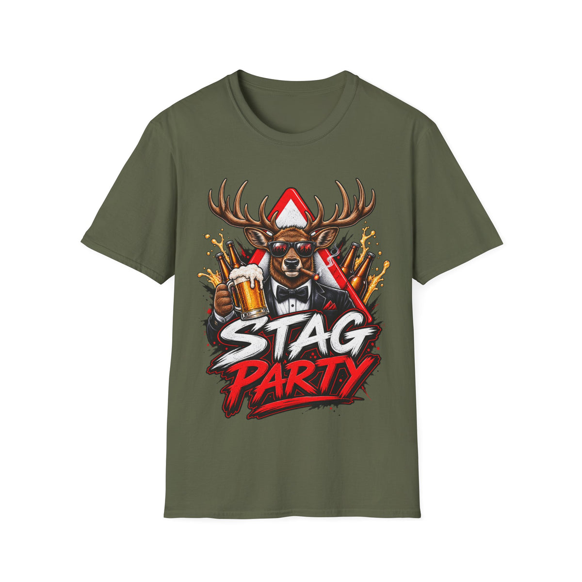 Stag Party Adult T-Shirt — Funny Beer-Drinking Deer Graphic Tee for Bachelor Parties