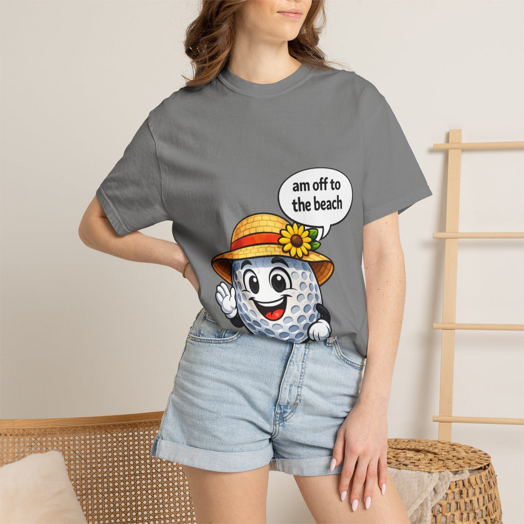 Golf Ball Graphic Tee — "am off to the beach" Cute Summer Golf T-Shirt