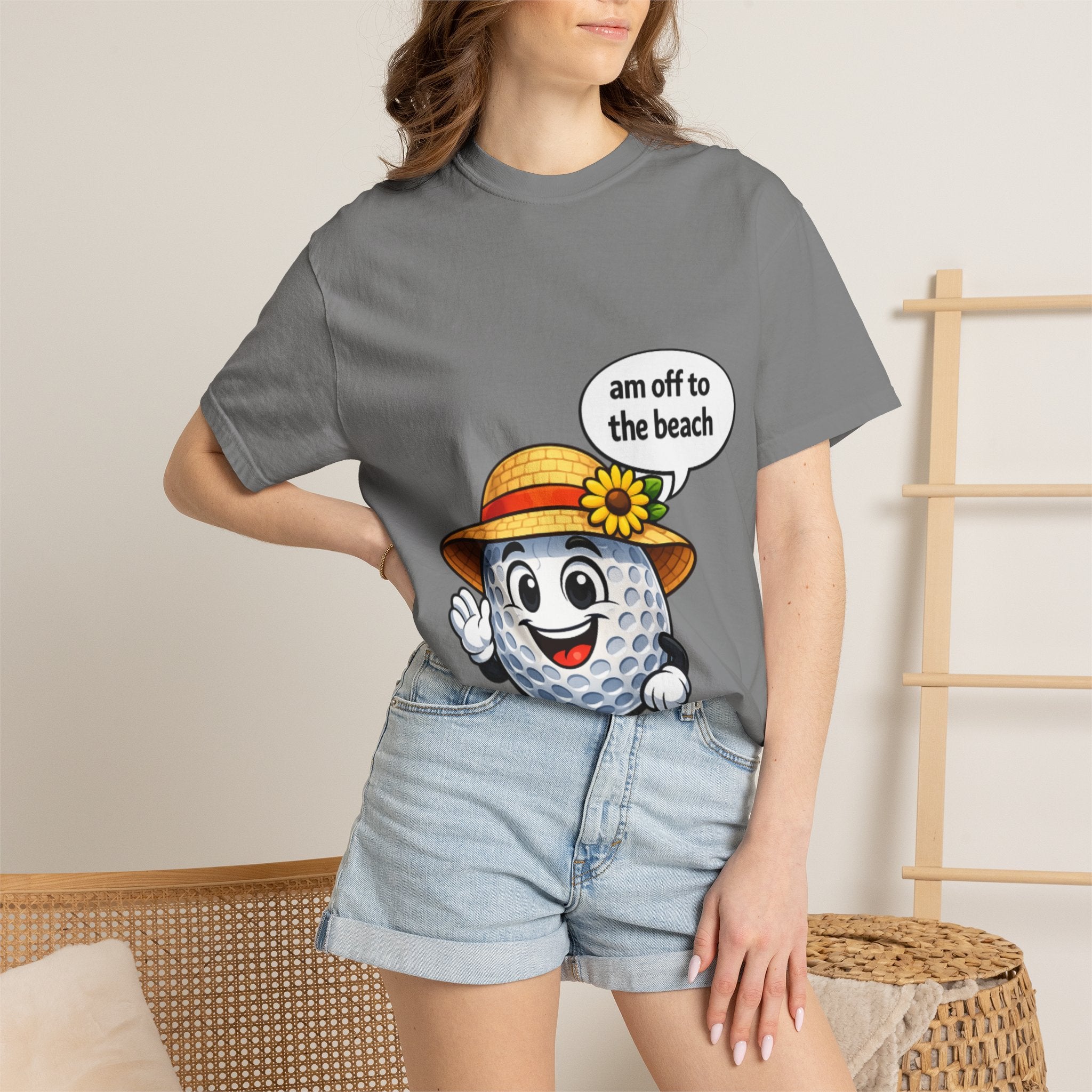 Golf Ball Graphic Tee — "am off to the beach" Cute Summer Golf T-Shirt