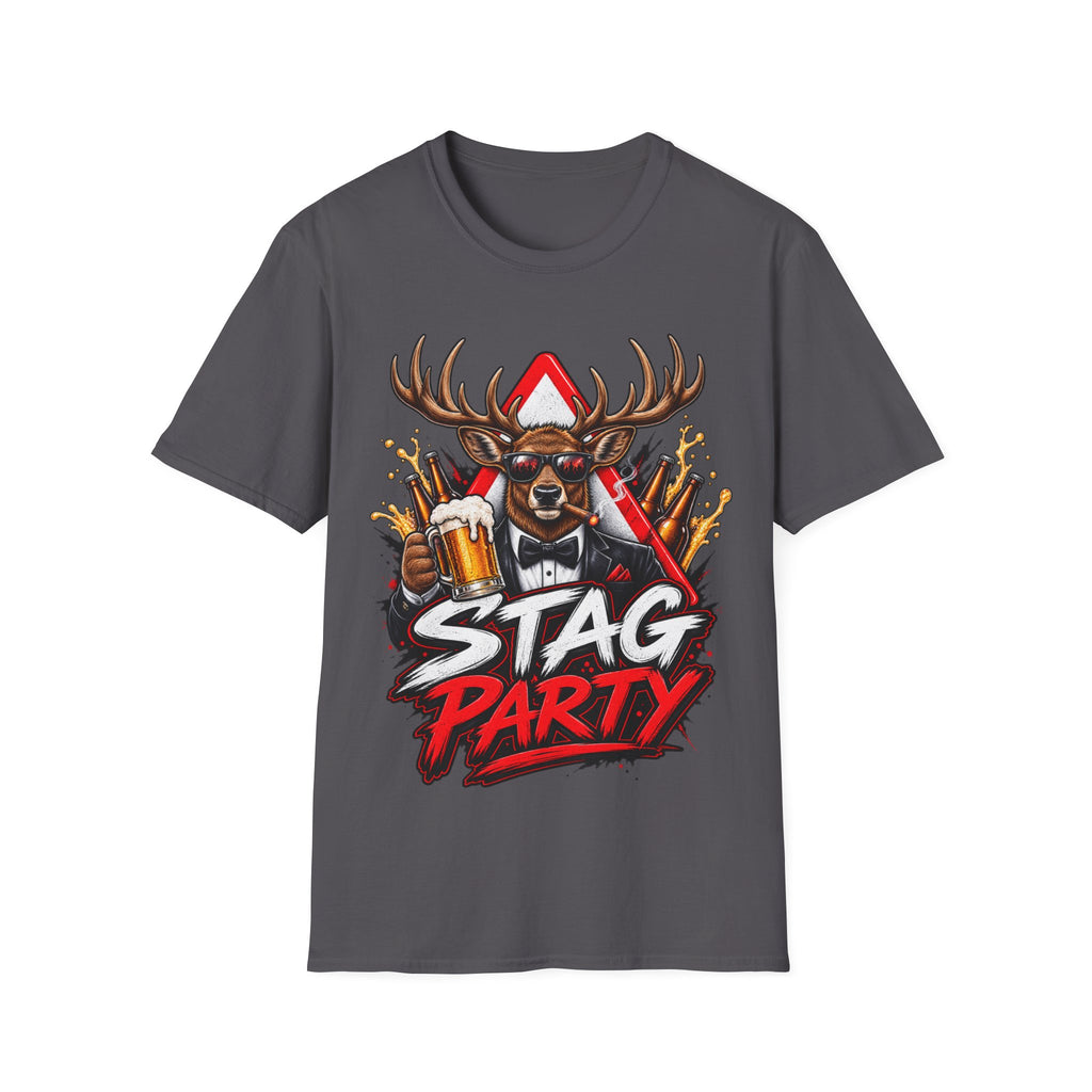 Stag Party Adult T-Shirt — Funny Beer-Drinking Deer Graphic Tee for Bachelor Parties