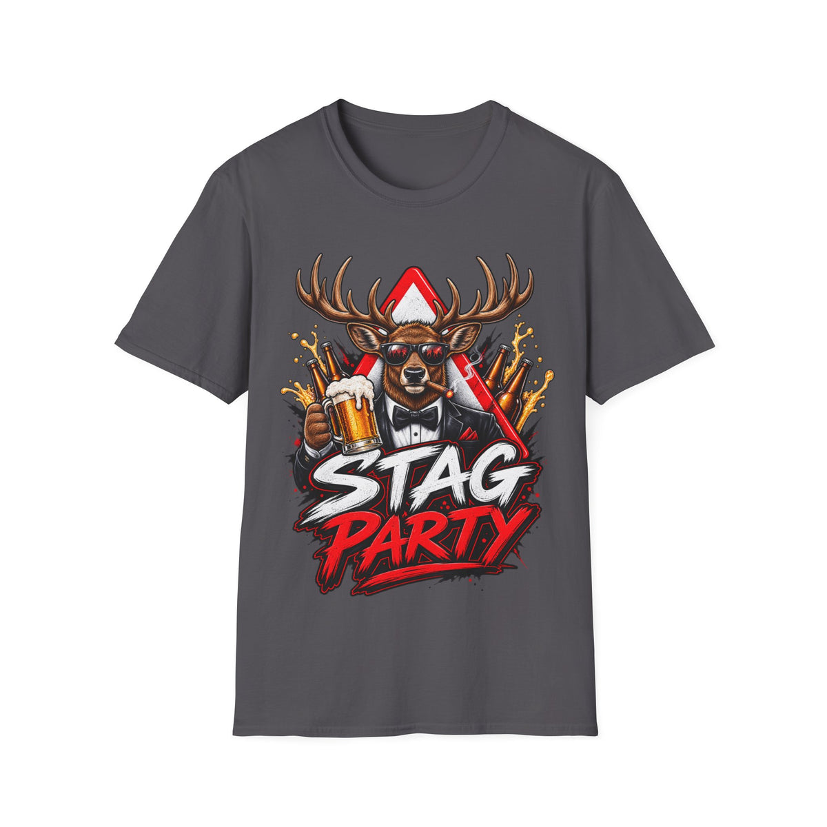 Stag Party Adult T-Shirt — Funny Beer-Drinking Deer Graphic Tee for Bachelor Parties