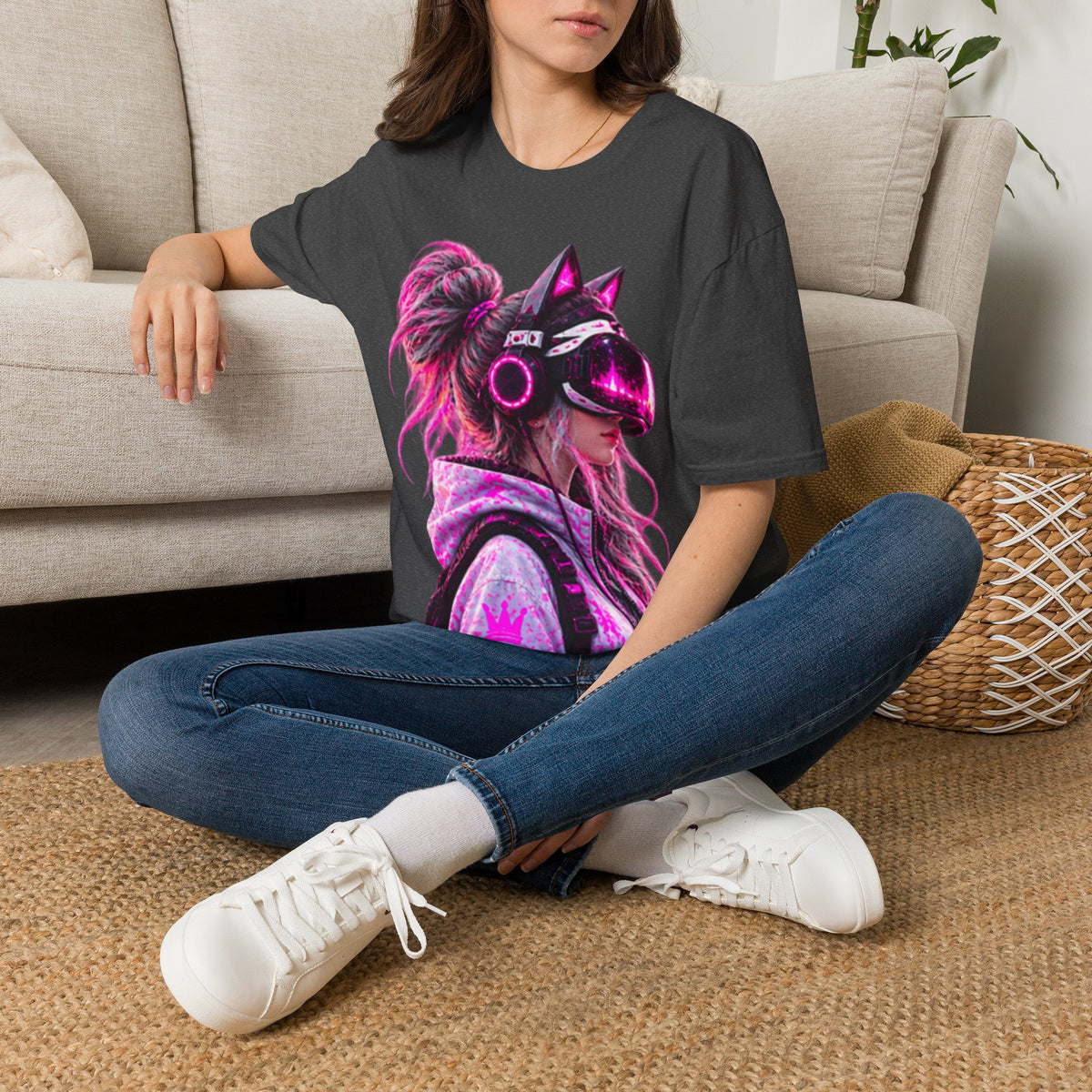 Cat VR Gamer Adult T‑Shirt — Neon Pink Cyberpunk Kitty Gamer Tee