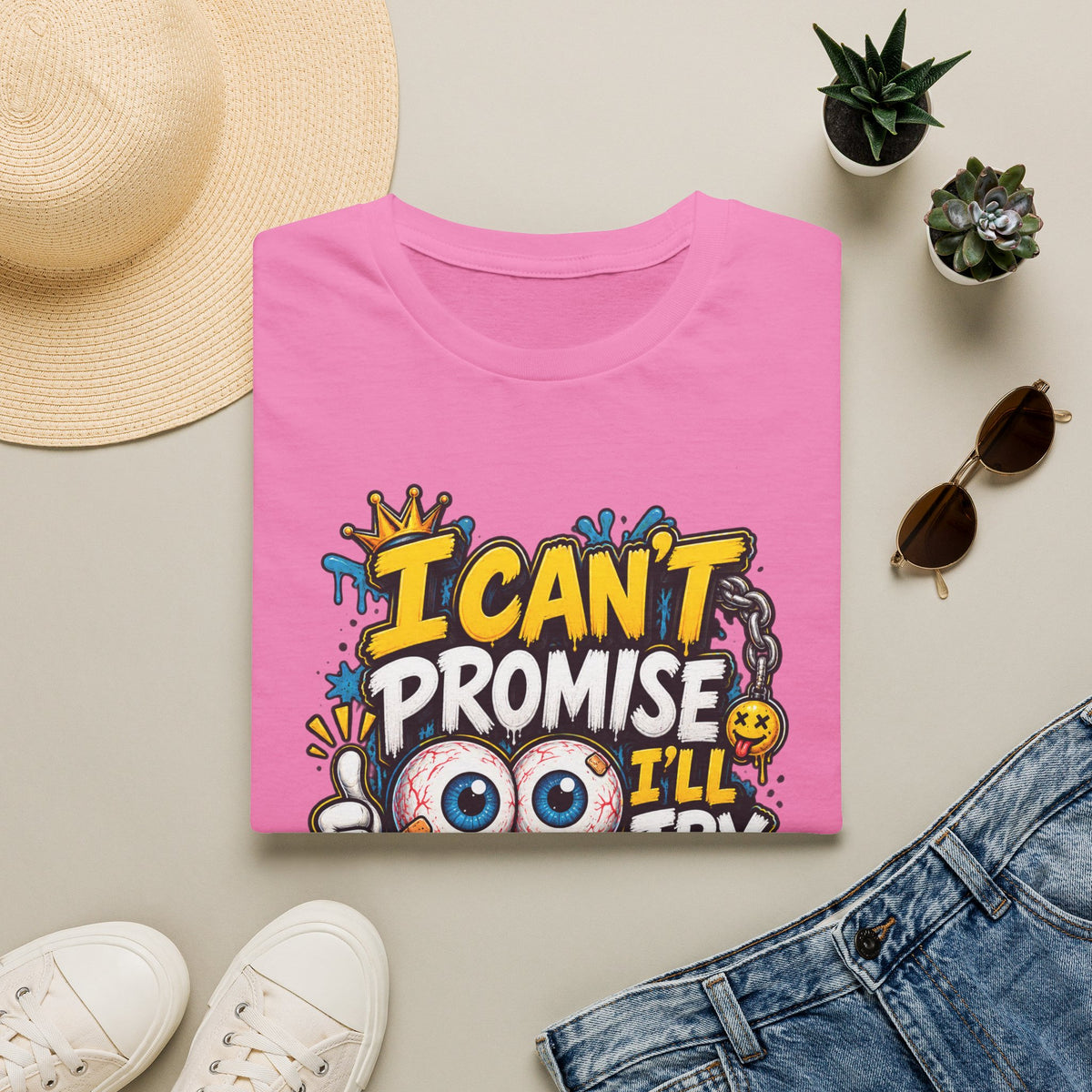 I Can't Promise I'll Try Graphic Adult T-Shirt — Funny Motivational Casual Tee
