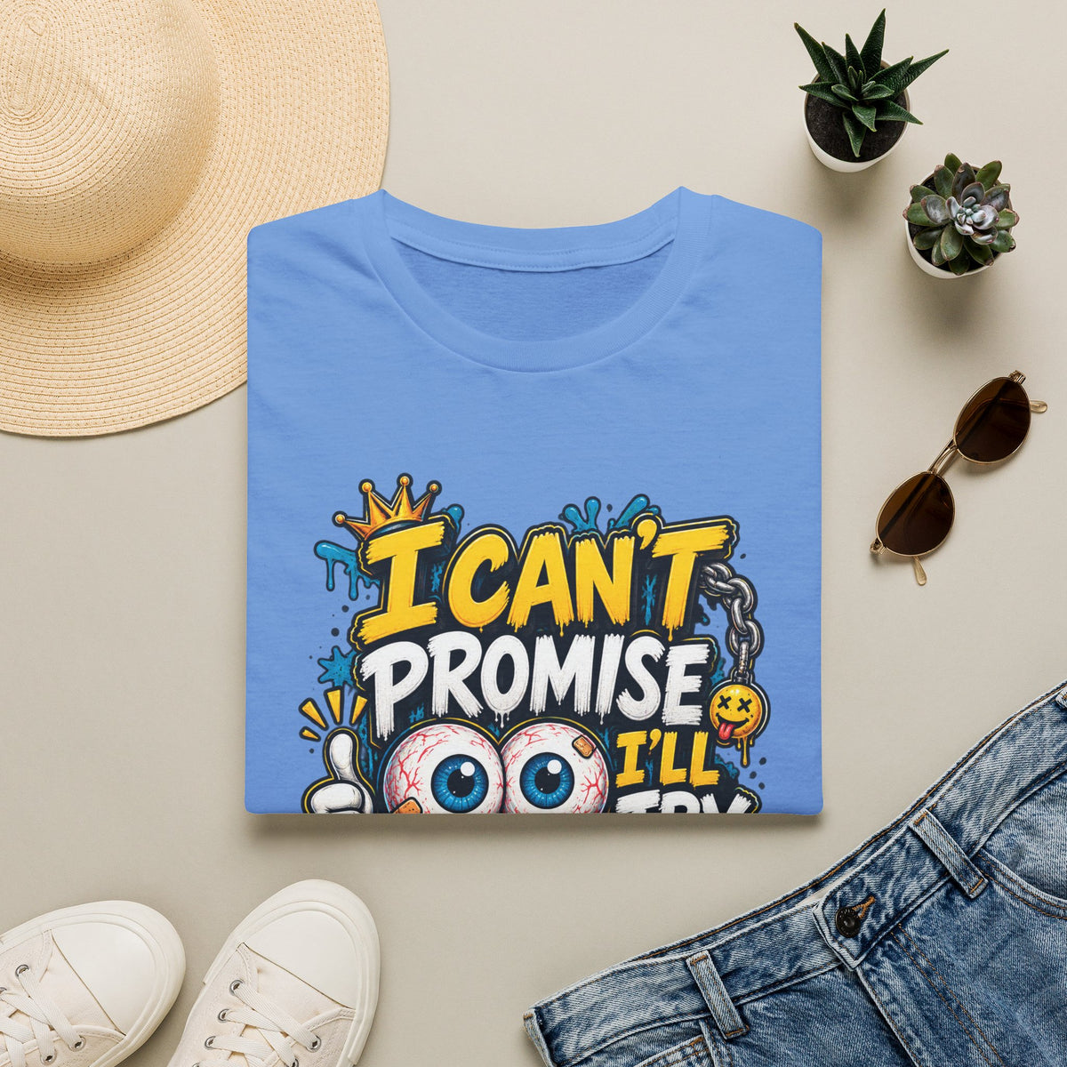 I Can't Promise I'll Try Graphic Adult T-Shirt — Funny Motivational Casual Tee
