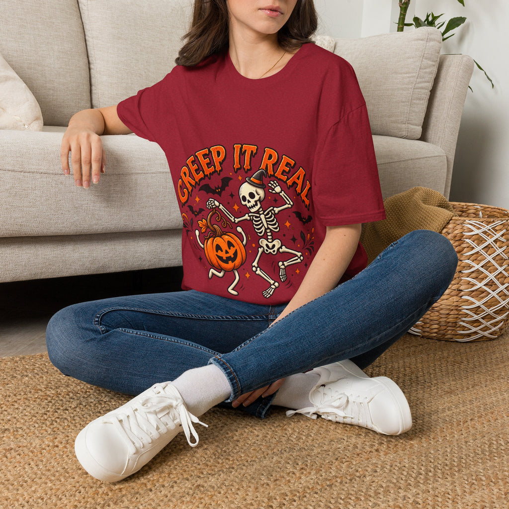Creep It Real Halloween Adult T-Shirt — Dancing Skeleton & Pumpkin Graphic