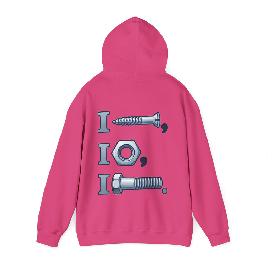Screw, Nut, Bolt Adult Hoodie — Mechanical Pun Graphic Hooded Sweatshirt