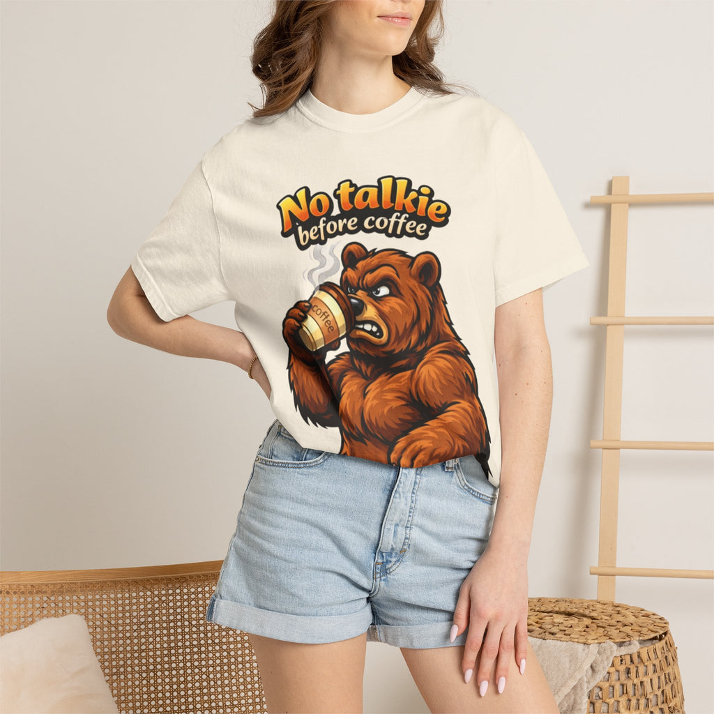 Adult T-Shirt — "No Talkie Before Coffee" Bear Graphic