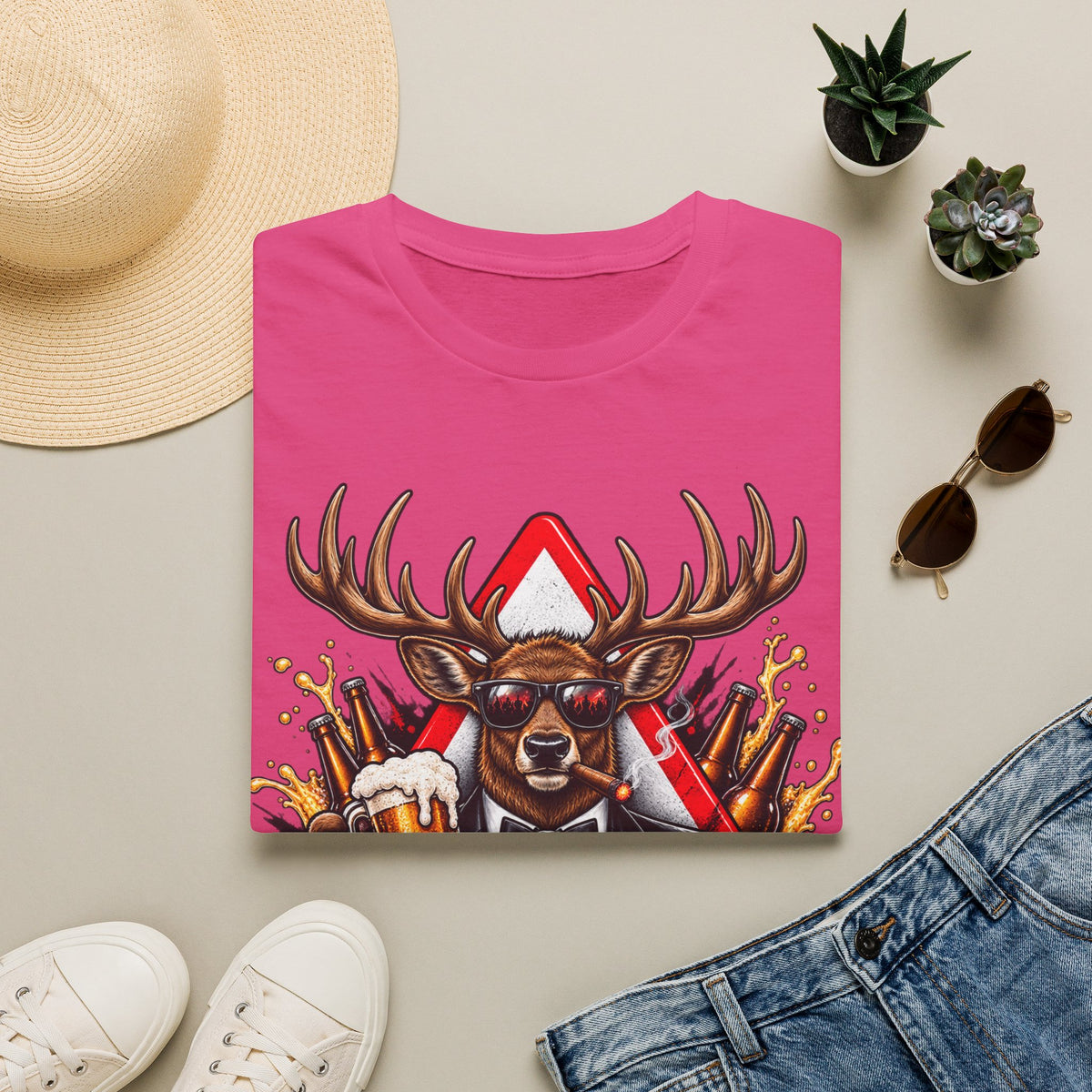 Stag Party Adult T-Shirt — Funny Beer-Drinking Deer Graphic Tee for Bachelor Parties