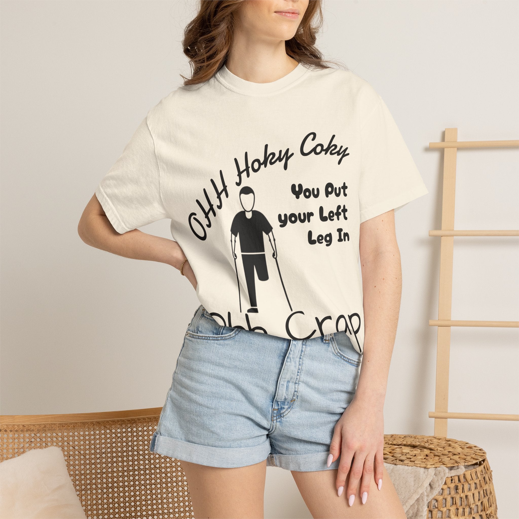 Ohh Hokey Cokey Prosthetic Leg Adult T-Shirt — "You Put Your Left Leg In, Ohh Crap" Funny Disability Humor Tee