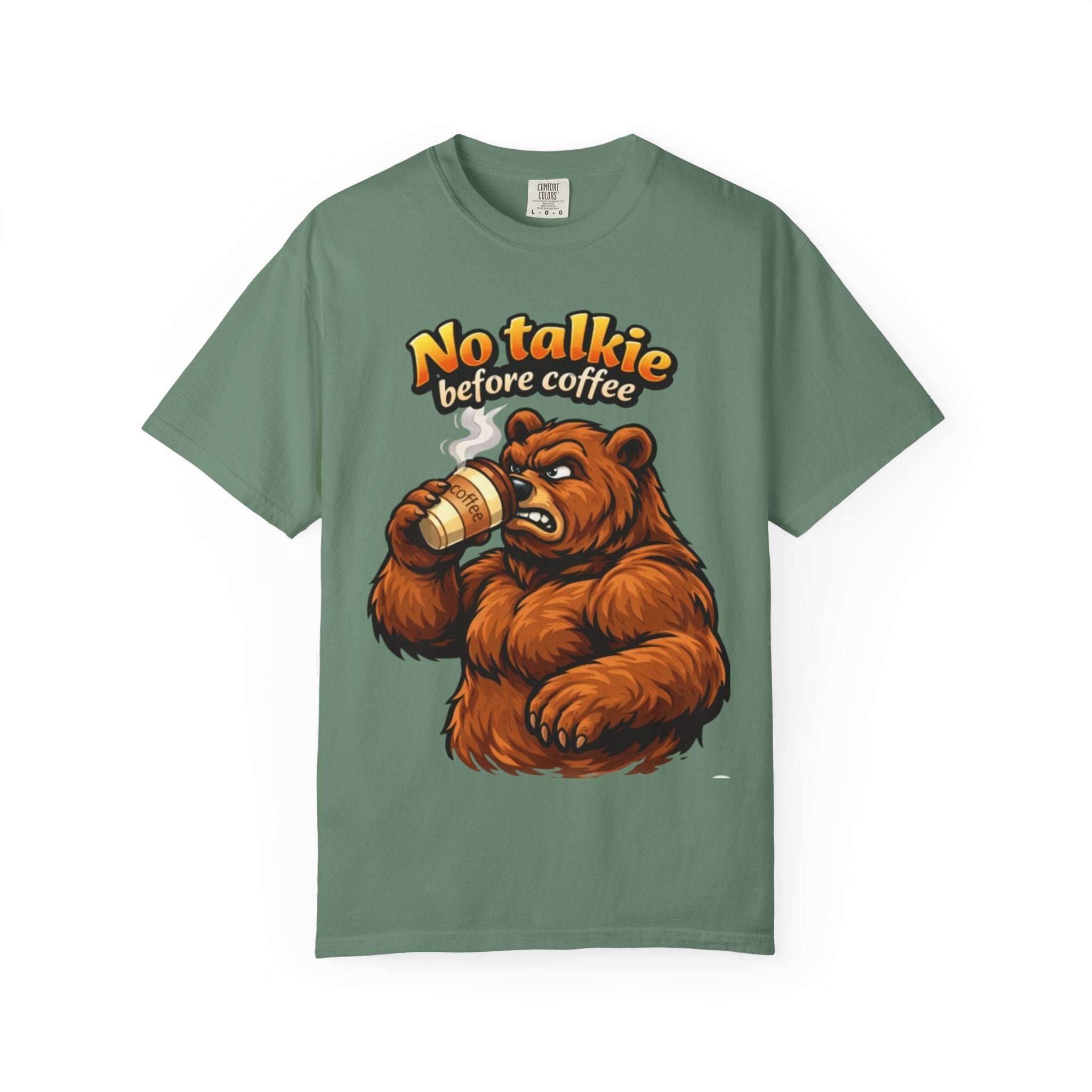 Adult T-Shirt — "No Talkie Before Coffee" Bear Graphic