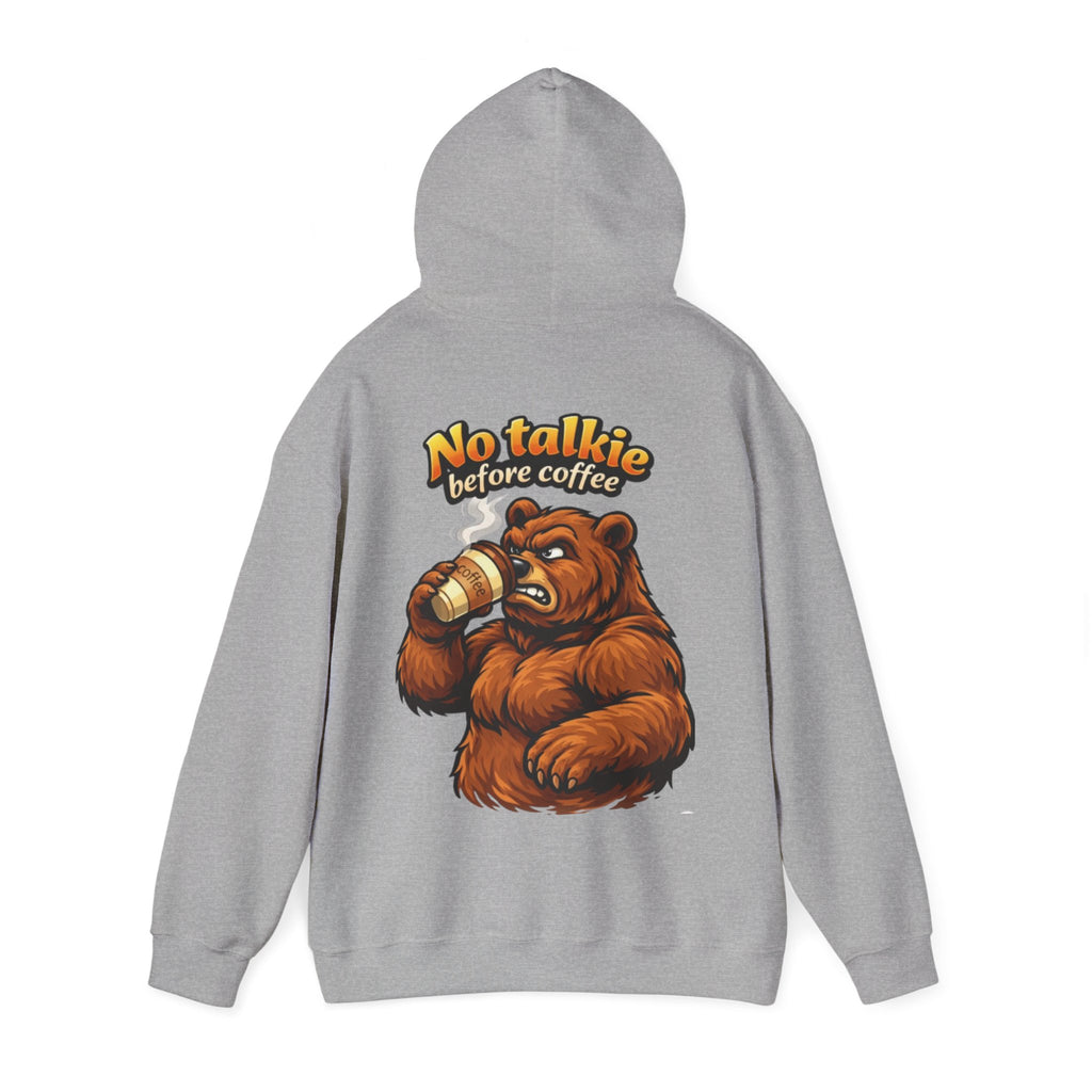 Adult Hoodie — "No Huggie Before Coffee" Bear Coffee Lover Pullover