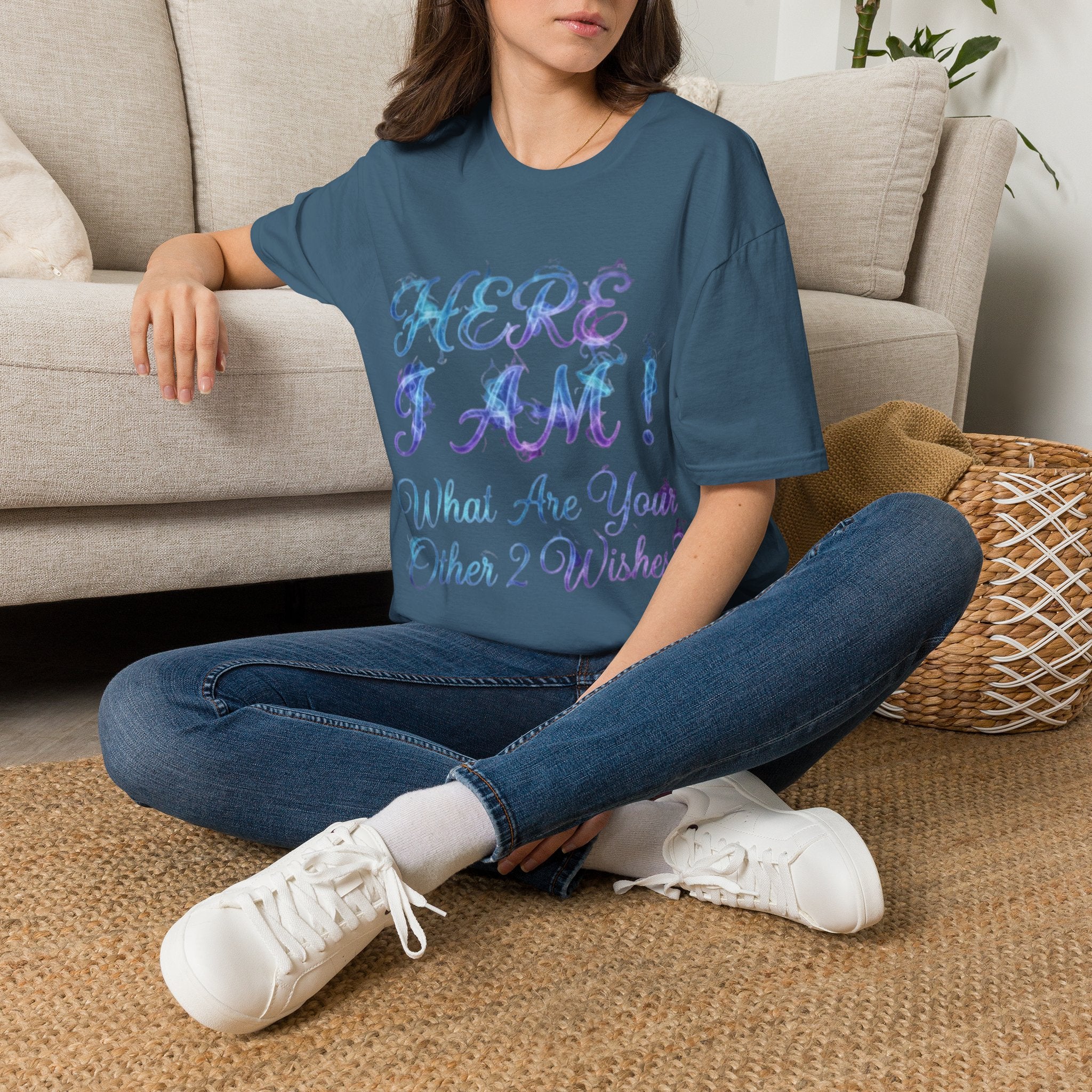 Adult T-Shirt — "Here I Am! What Are Your Other 2 Wishes?" Floral Script Graphic Tee