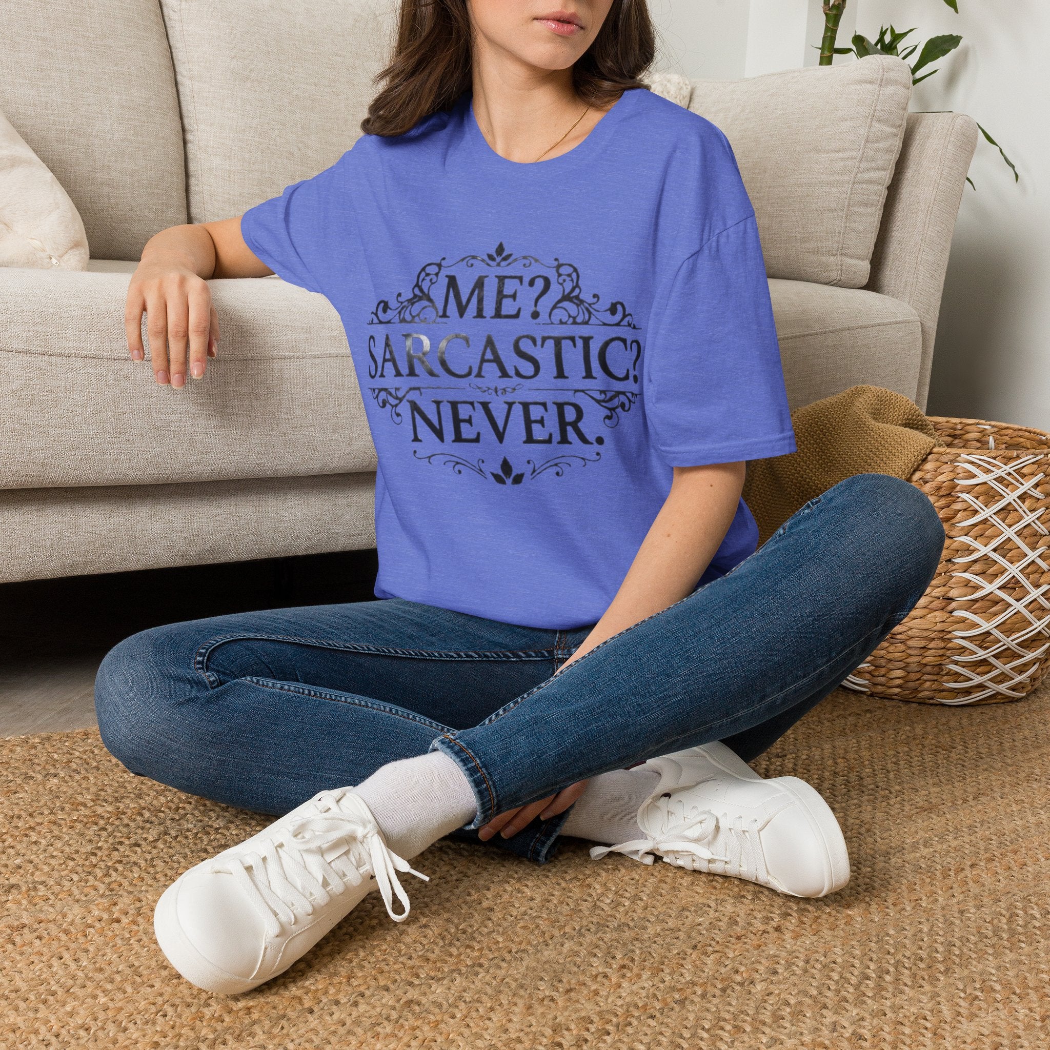 Sarcastic Adult Tee — "Me? Sarcastic? Never." Vintage Ornate Graphic T-Shirt