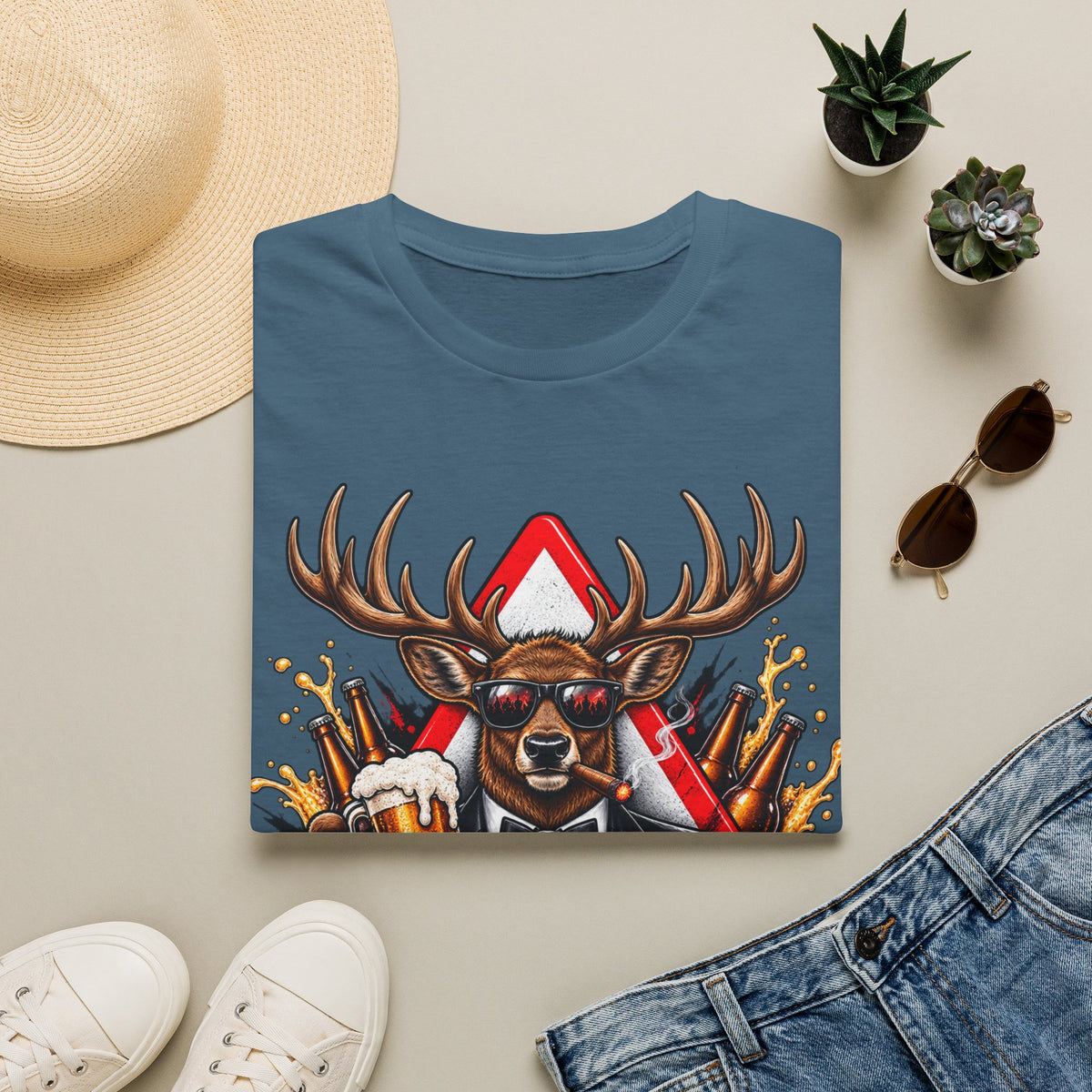 Stag Party Adult T-Shirt — Funny Beer-Drinking Deer Graphic Tee for Bachelor Parties