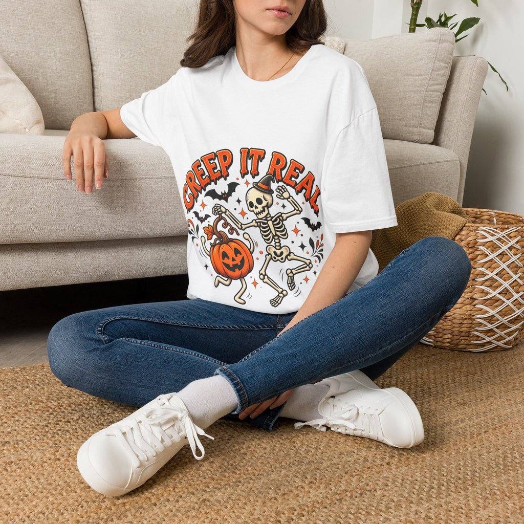 Creep It Real Halloween Adult T-Shirt — Dancing Skeleton & Pumpkin Graphic
