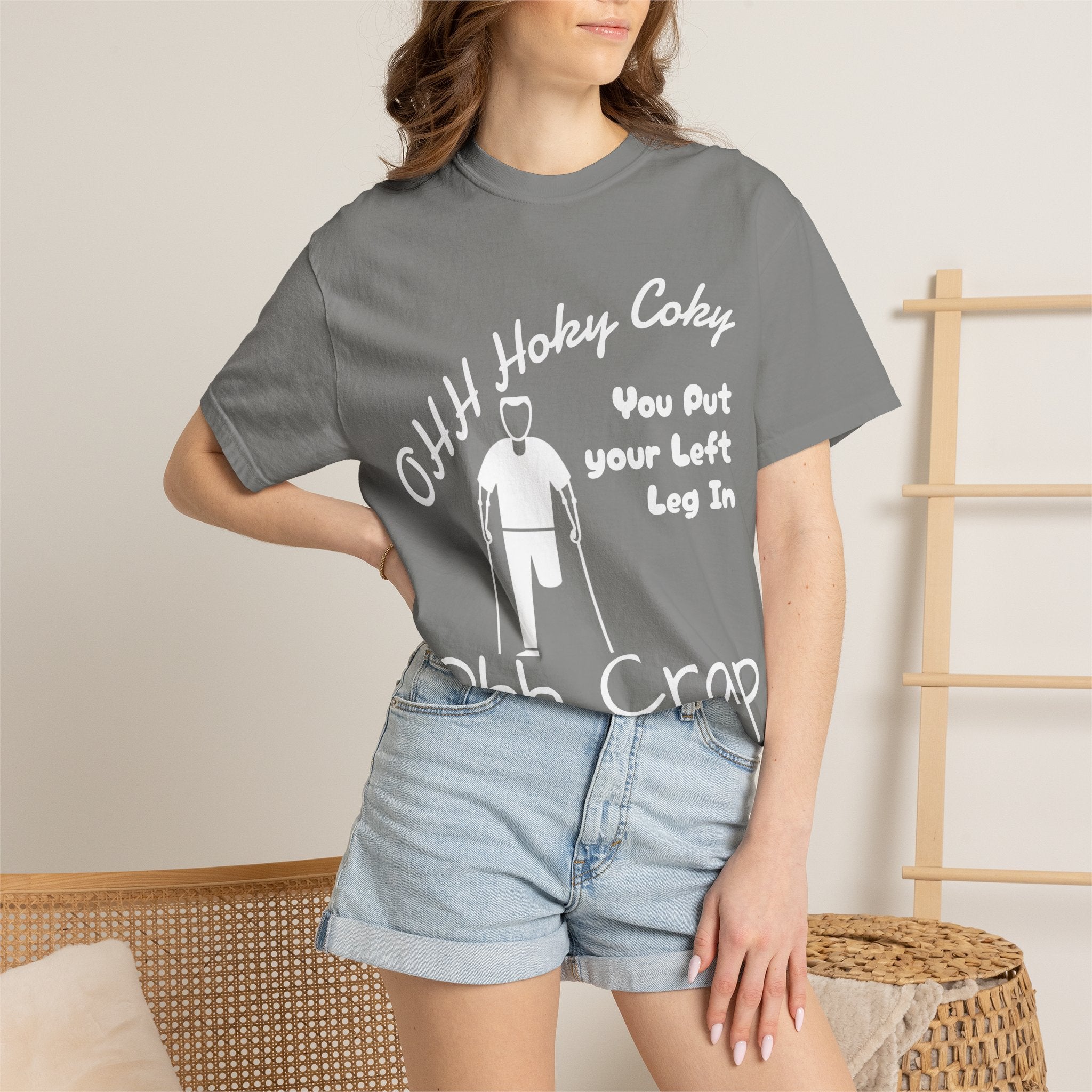 Ohh Hokey Cokey Prosthetic Leg Adult T-Shirt — "You Put Your Left Leg In, Ohh Crap" Funny Disability Humor Tee