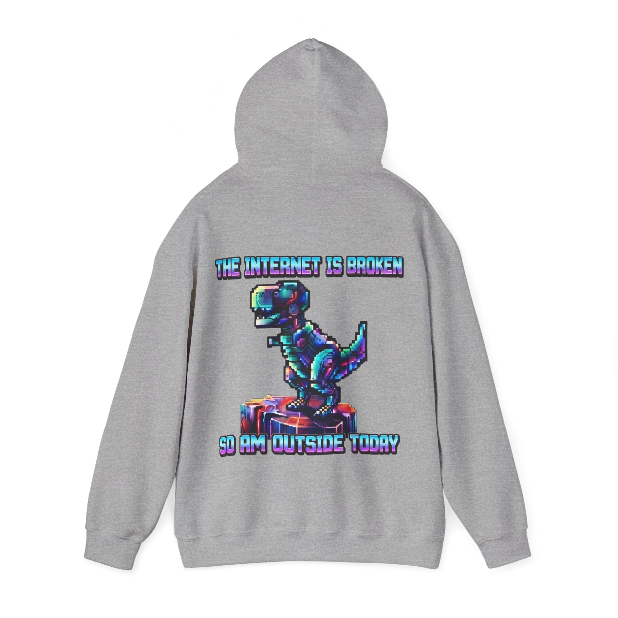 Retro Pixel Dino Adult Hoodie - "The Internet Is Broken So I’m Outside Today"