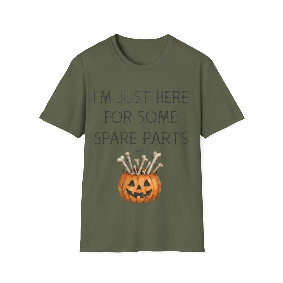Halloween Pumpkin Jack-o'-Lantern Adult T-Shirt — "I'm Just Here For Some Spare Parts"