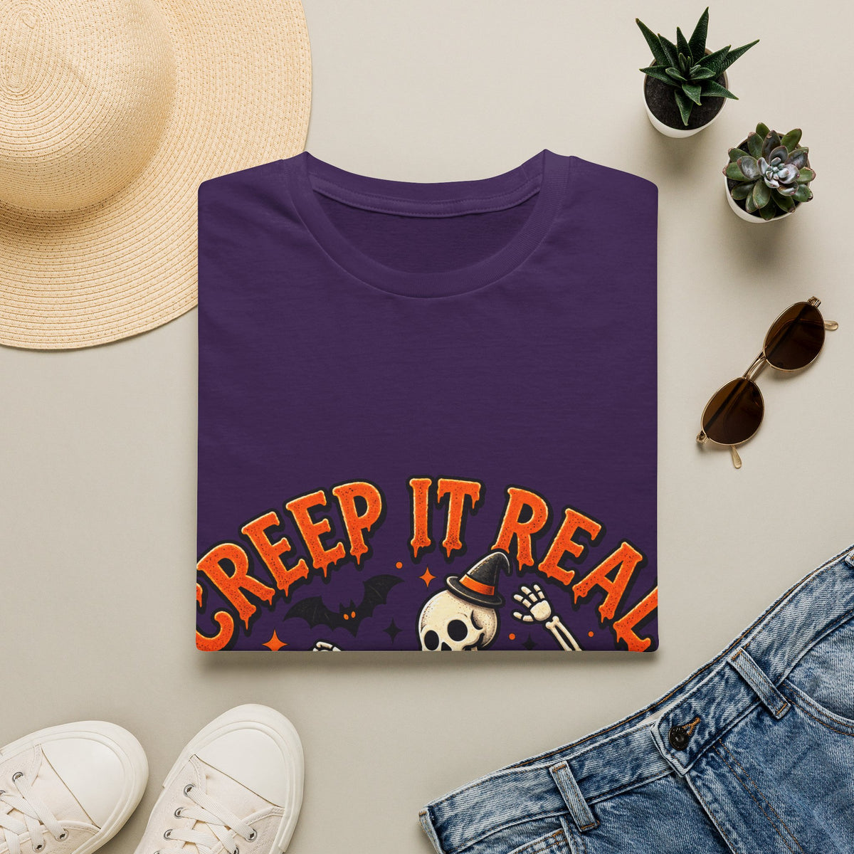 Creep It Real Halloween Adult T-Shirt — Dancing Skeleton & Pumpkin Graphic