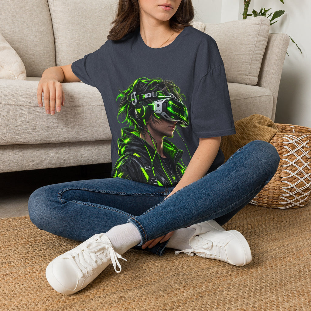Cyberpunk VR Gamer Adult T-Shirt — Neon Green Virtual Reality Jacket Design