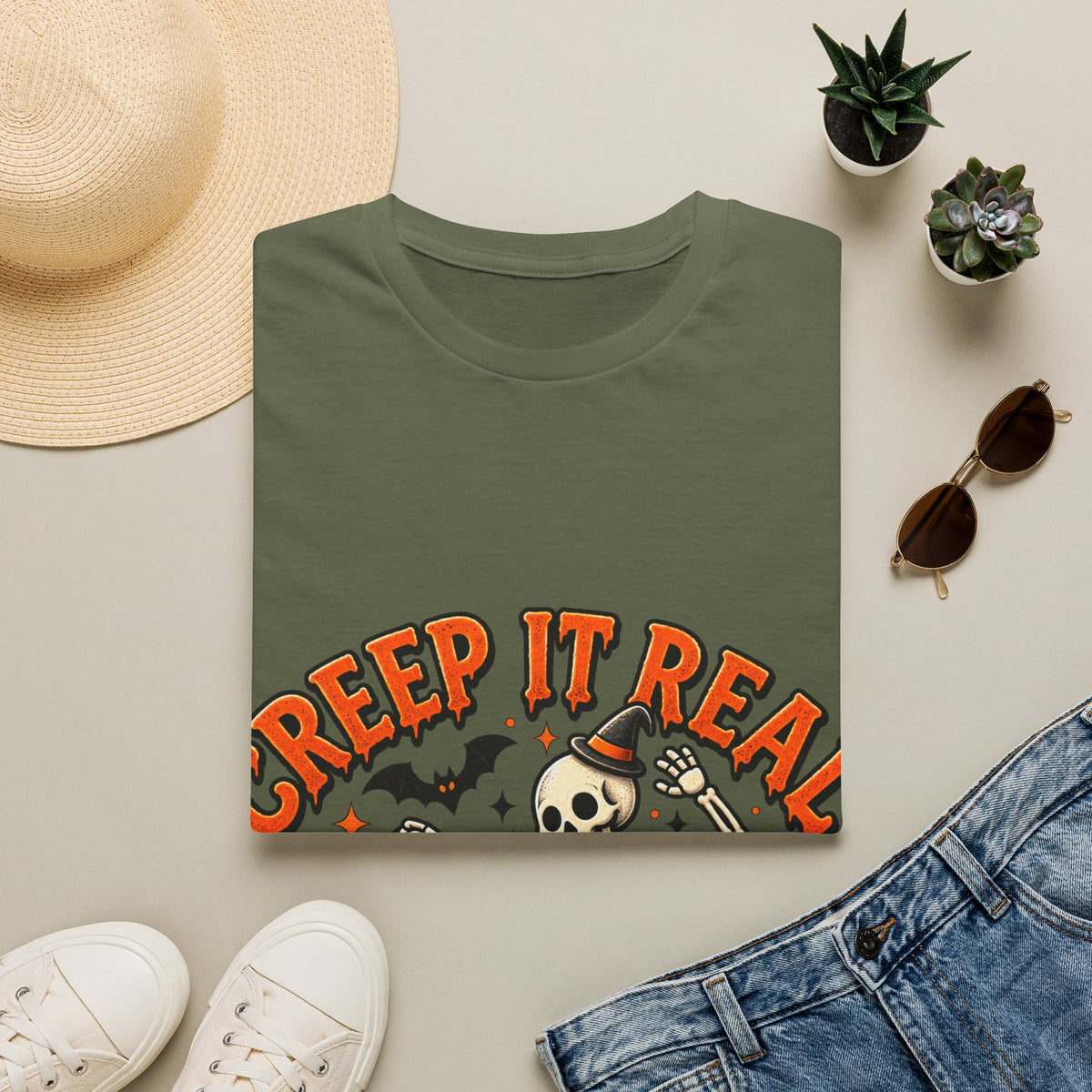 Creep It Real Halloween Adult T-Shirt — Dancing Skeleton & Pumpkin Graphic
