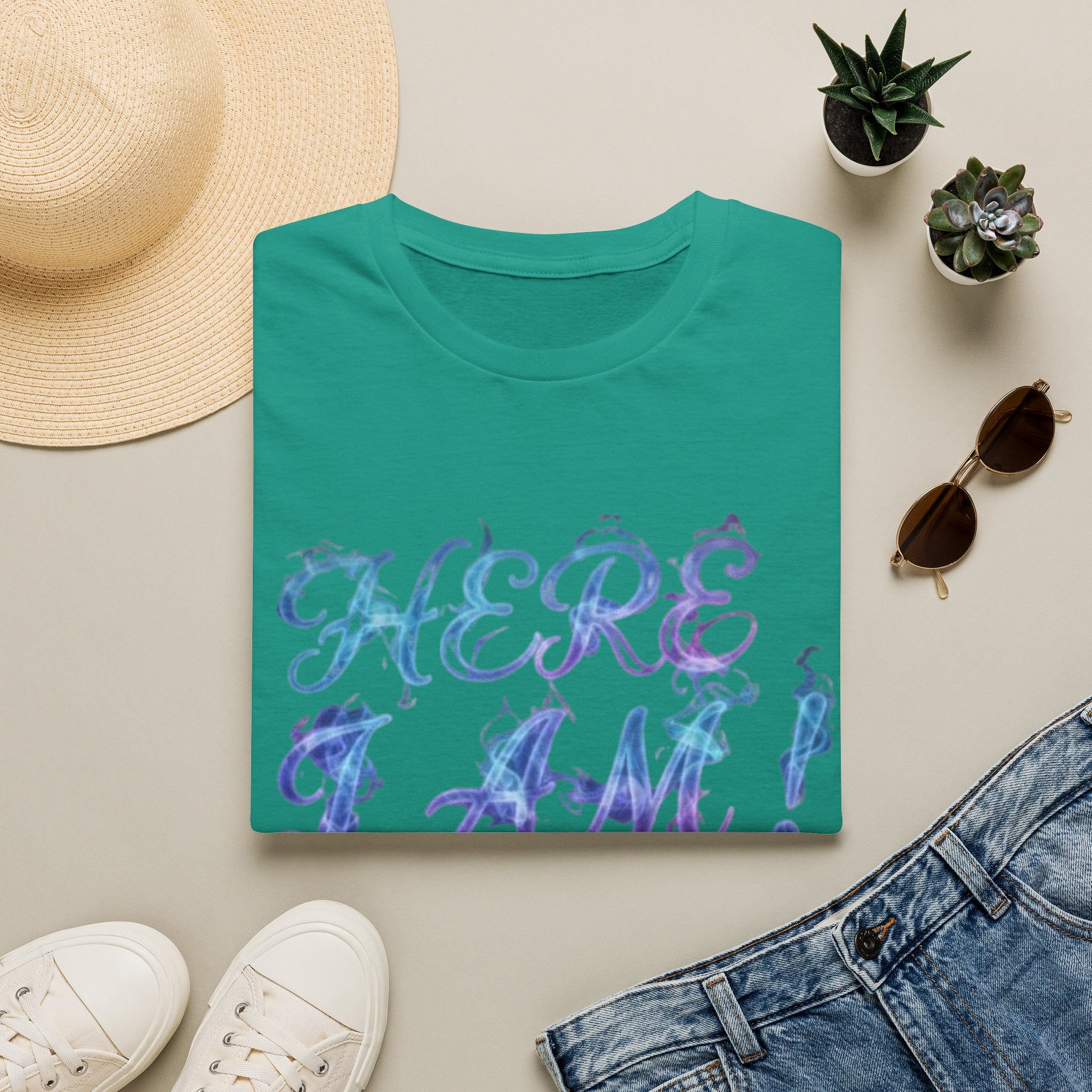 Adult T-Shirt — "Here I Am! What Are Your Other 2 Wishes?" Floral Script Graphic Tee