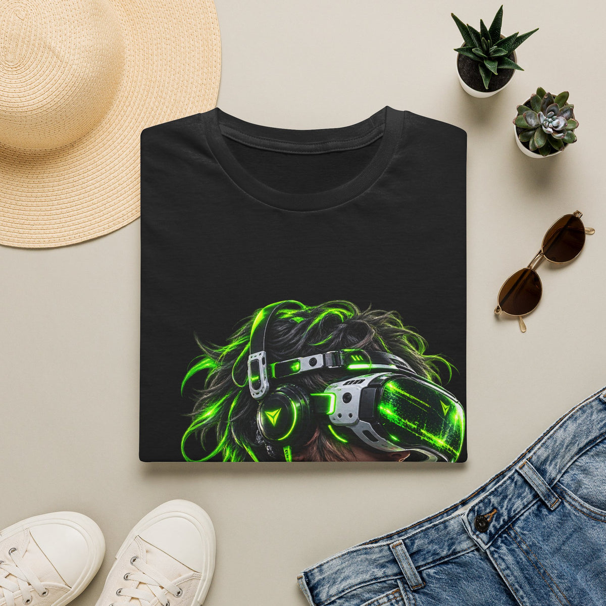 Cyberpunk VR Gamer Adult T-Shirt — Neon Green Virtual Reality Jacket Design