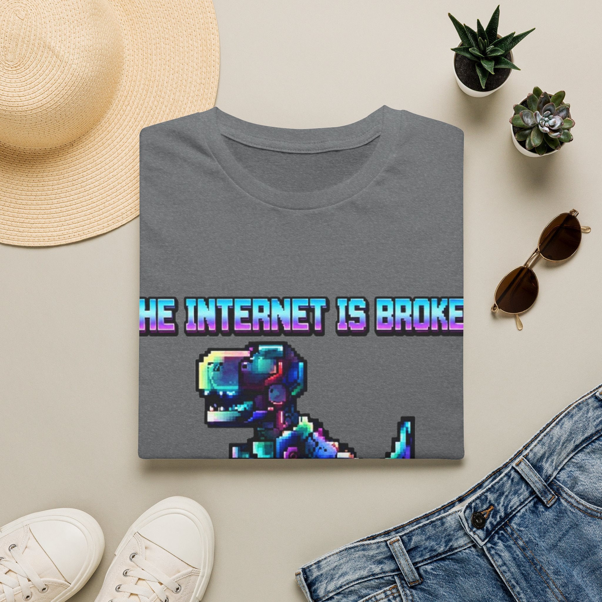 Internet Is Broke Adult  T-Shirt — Retro Pixel Dino "So Am I" Graphic Tee