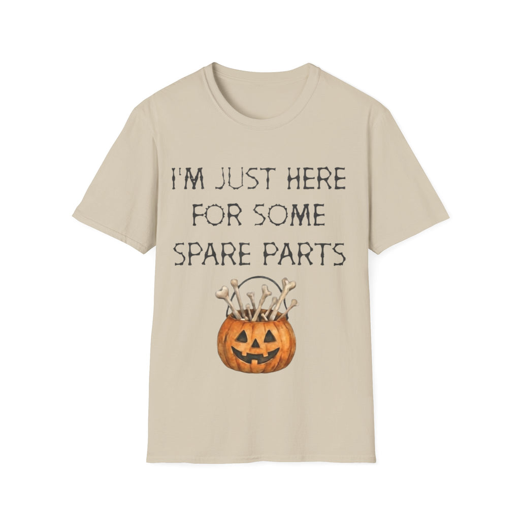 Halloween Pumpkin Jack-o'-Lantern Adult T-Shirt — "I'm Just Here For Some Spare Parts"